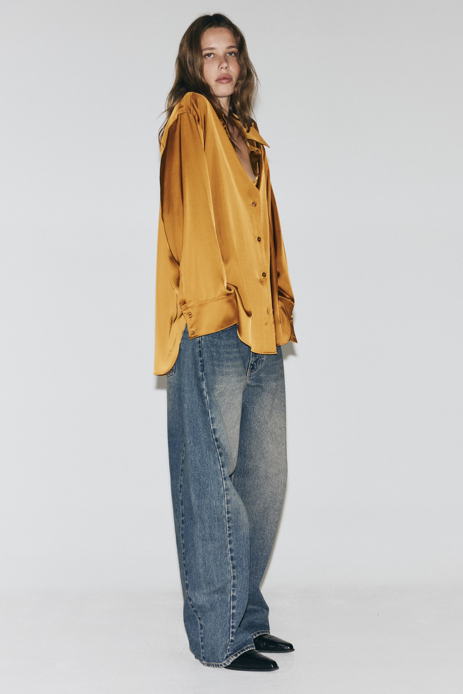 Oversized satin shirt - Dark golden yellow - 5