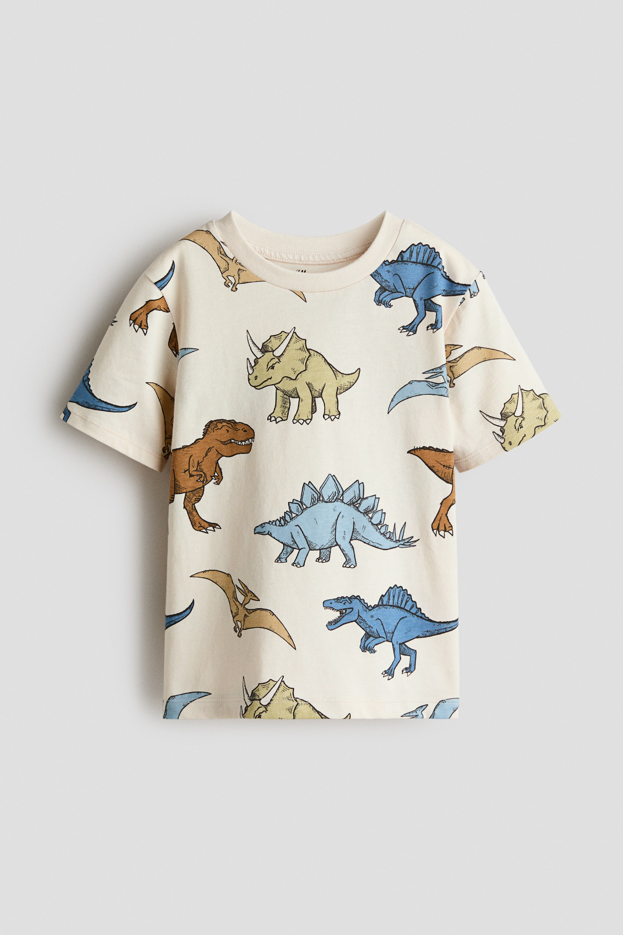 View larger image: "T-shirt lembut daripada kapas jersi bercetak ini memaparkan corak dinosaur di BAHAGIAN DEPAN, dengan leher bulat bertrim rusuk dan bahu yang jatuh secara lembut."