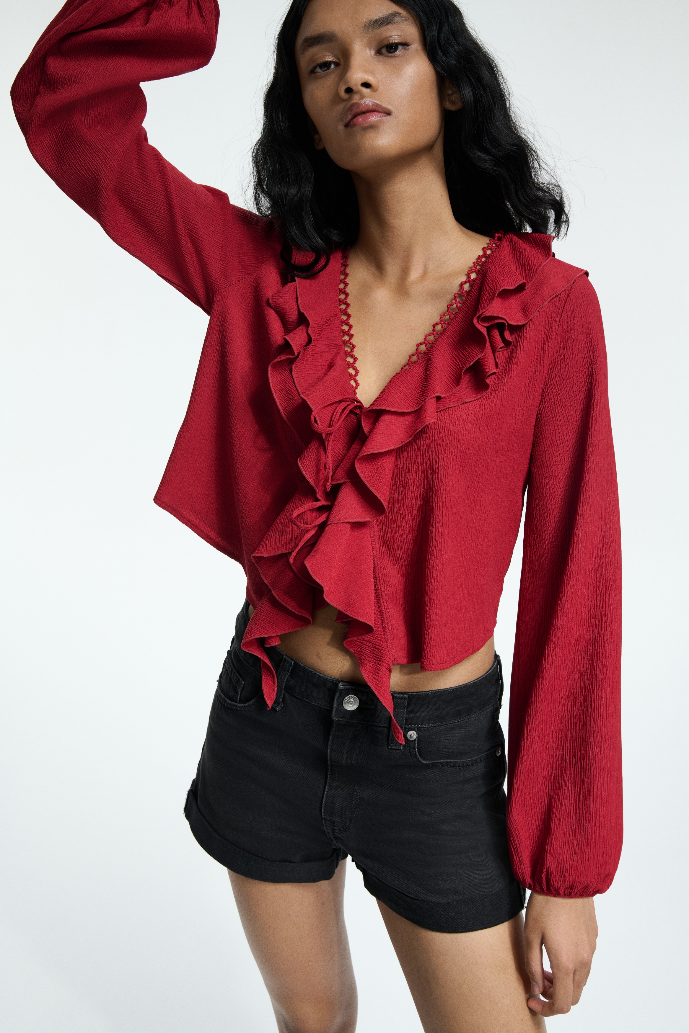 Flounce Trim Blouse - Red/Black/Dusty turquoise/White/Floral