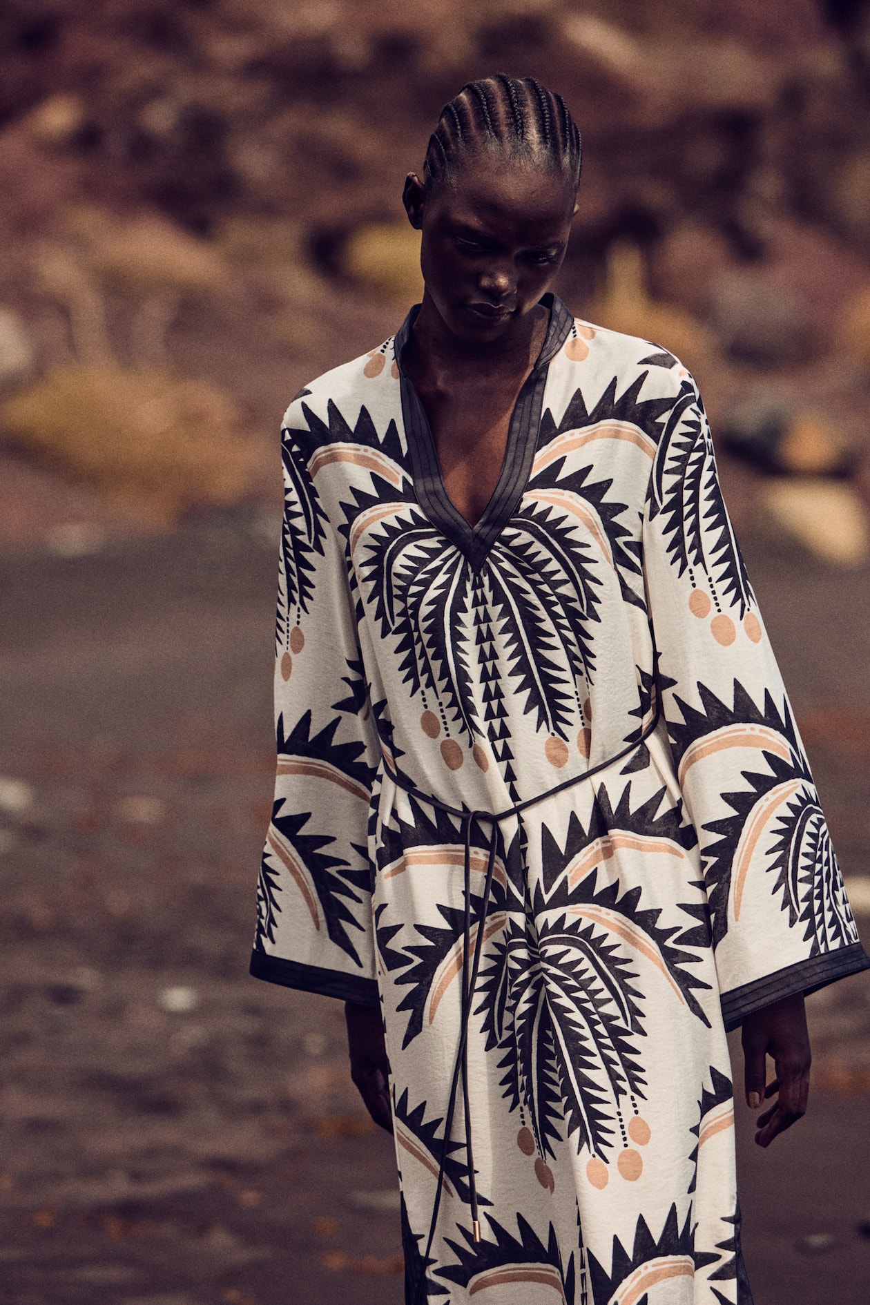 Tie-belt tunic dress White/Palm trees Ladies H&M GB