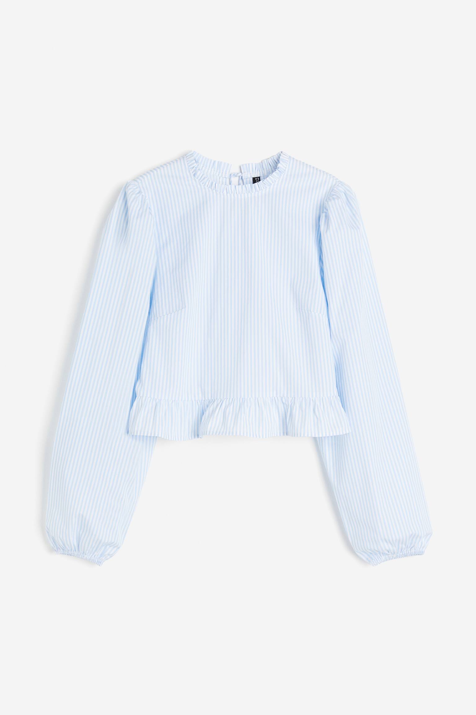 Puff Sleeve Peplum Blouse - Light blue/Stripe/Black/White - 2