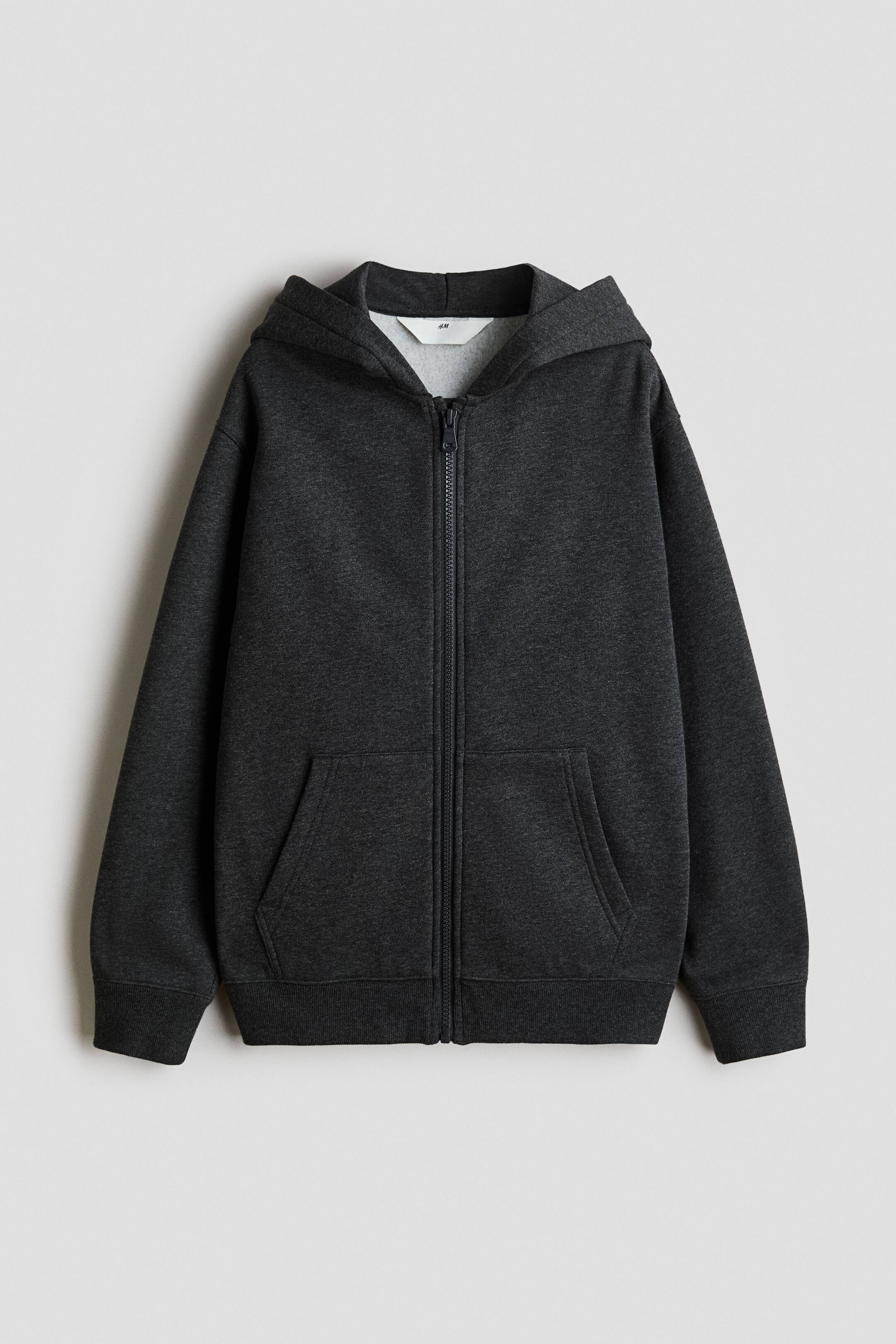 View larger image: A dark grey zip-through hoodie shown from the FRONT, featuring a full-length zipper, a lined hood, dropped shoulders, two front pockets, and ribbed cuffs and hem.