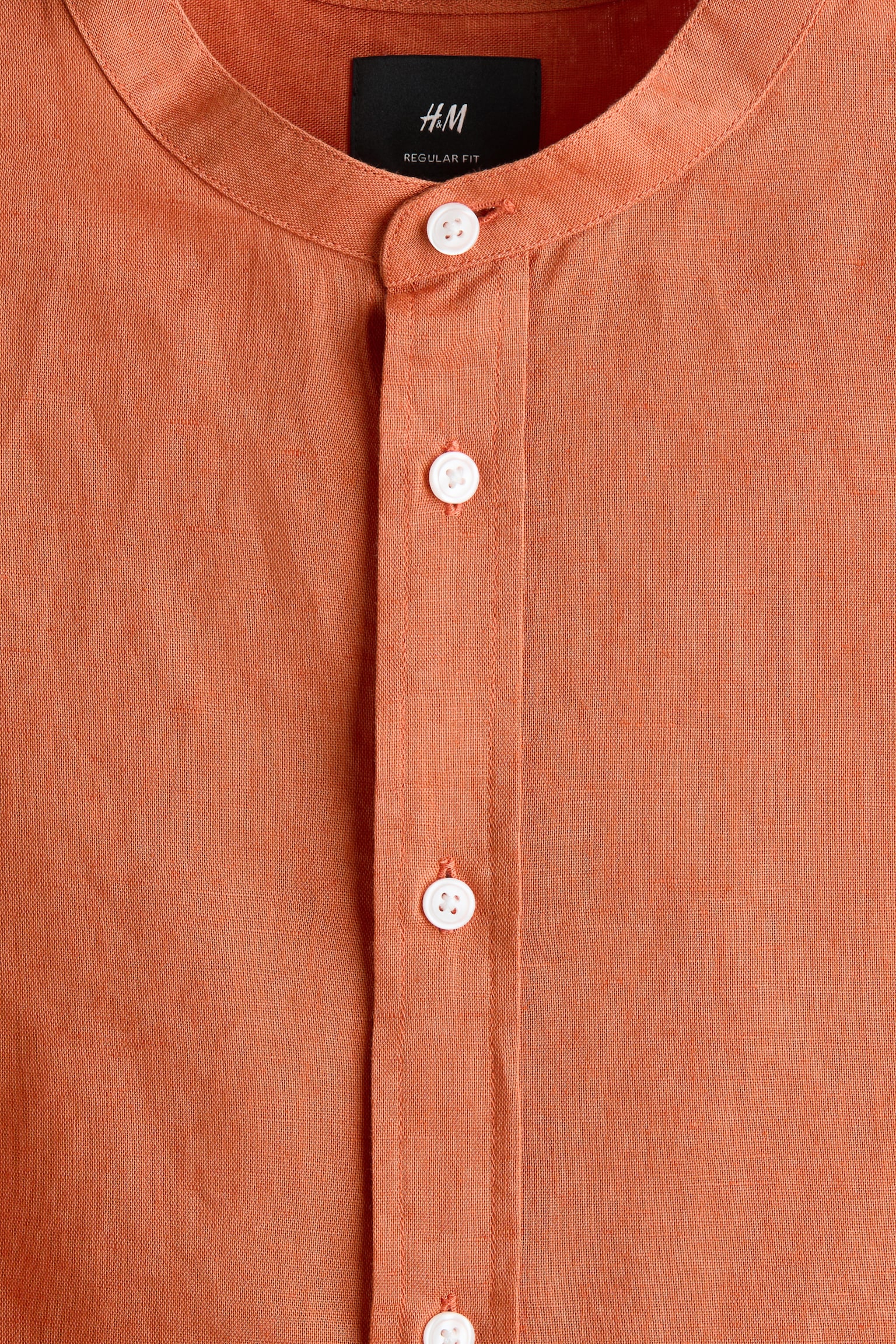 Regular Fit Linen-blend grandad shirt - Dark orange/Bright blue - 3