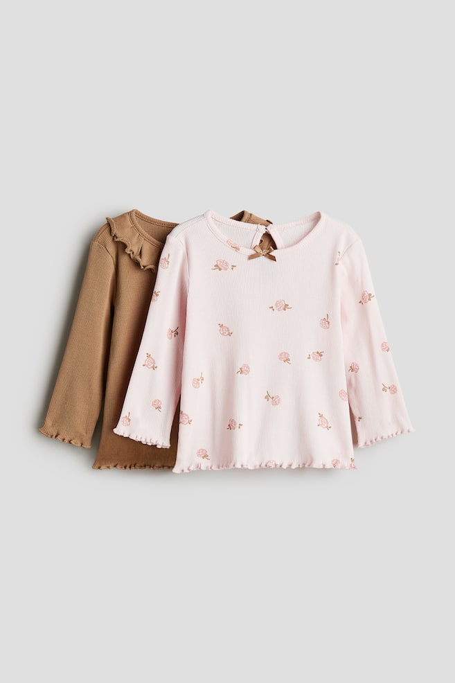 Lot de 2 tops en jersey côtelé - Beige foncé/fleuri/Crème/imprimé léopard/Gris foncé/cœurs/Rose clair/cerises - 1