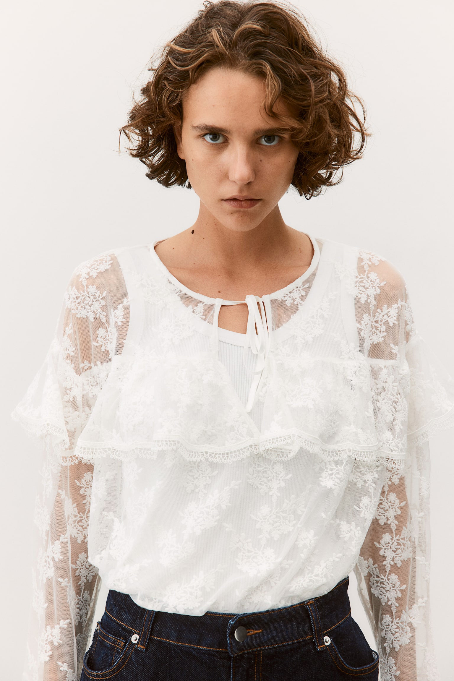 Flounced Lace Blouse - White - Ladies | H&M US