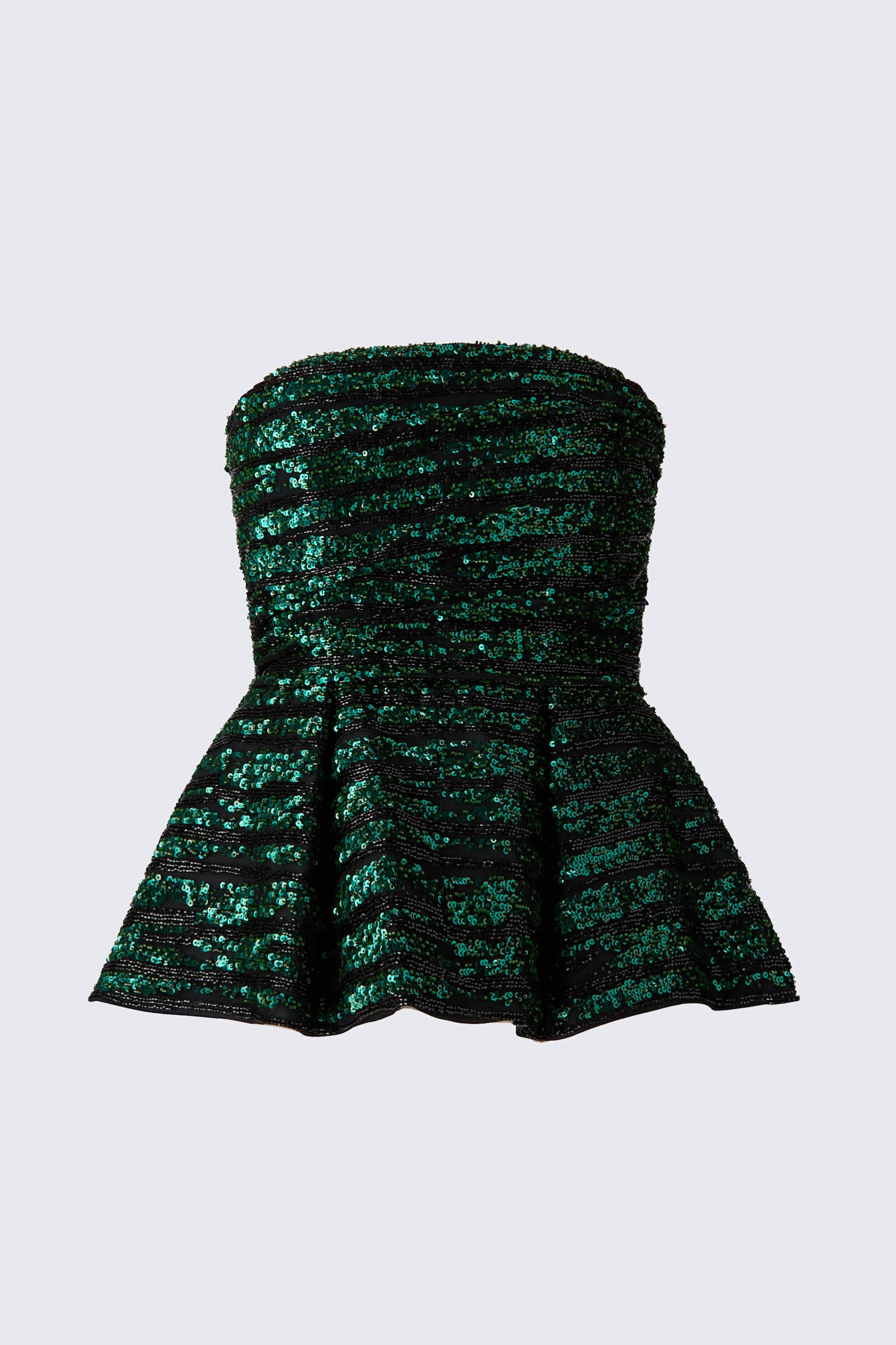 An embellished peplum top is shown facing forward, featuring a strapless neckline and a structured bodice flaring into a pleated peplum hem. The garment showcases a pattern of alternating green sequined and black beaded horizontal stripes.