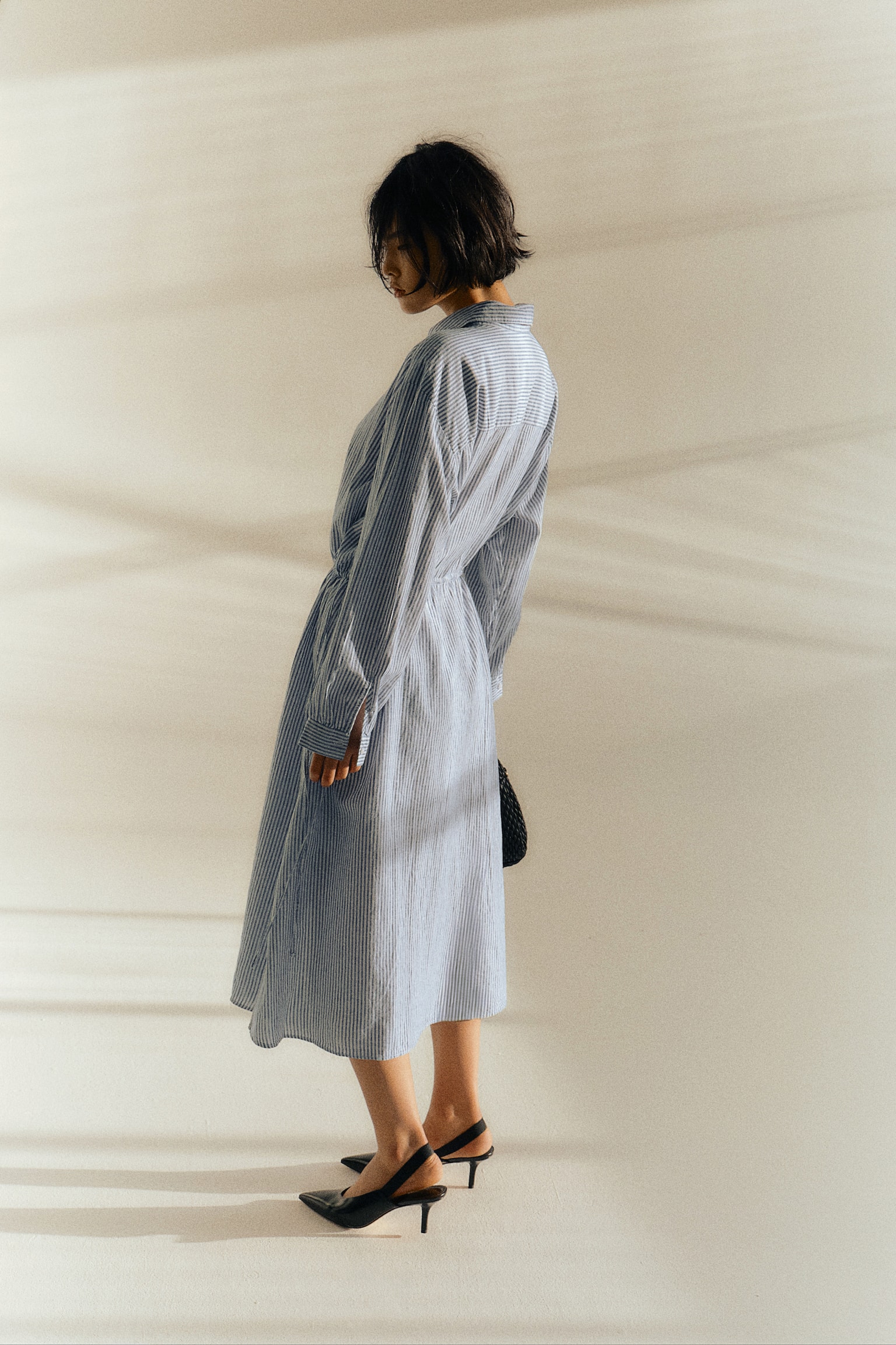 Linen-blend shirt dress - Blue/Striped/Black/Patterned - 5