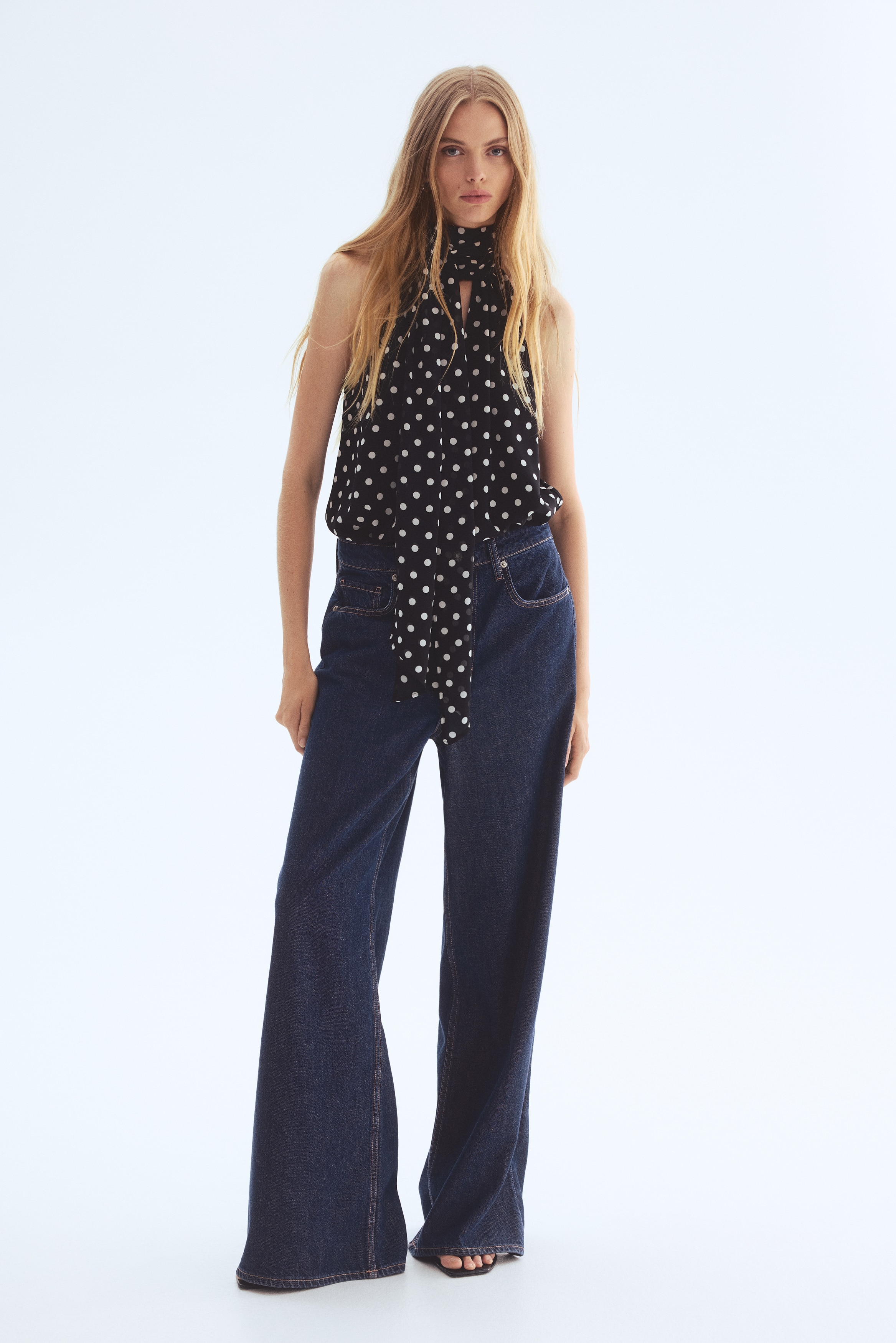 Women's Black/dotted Top with Scarf Collar | H&M CA