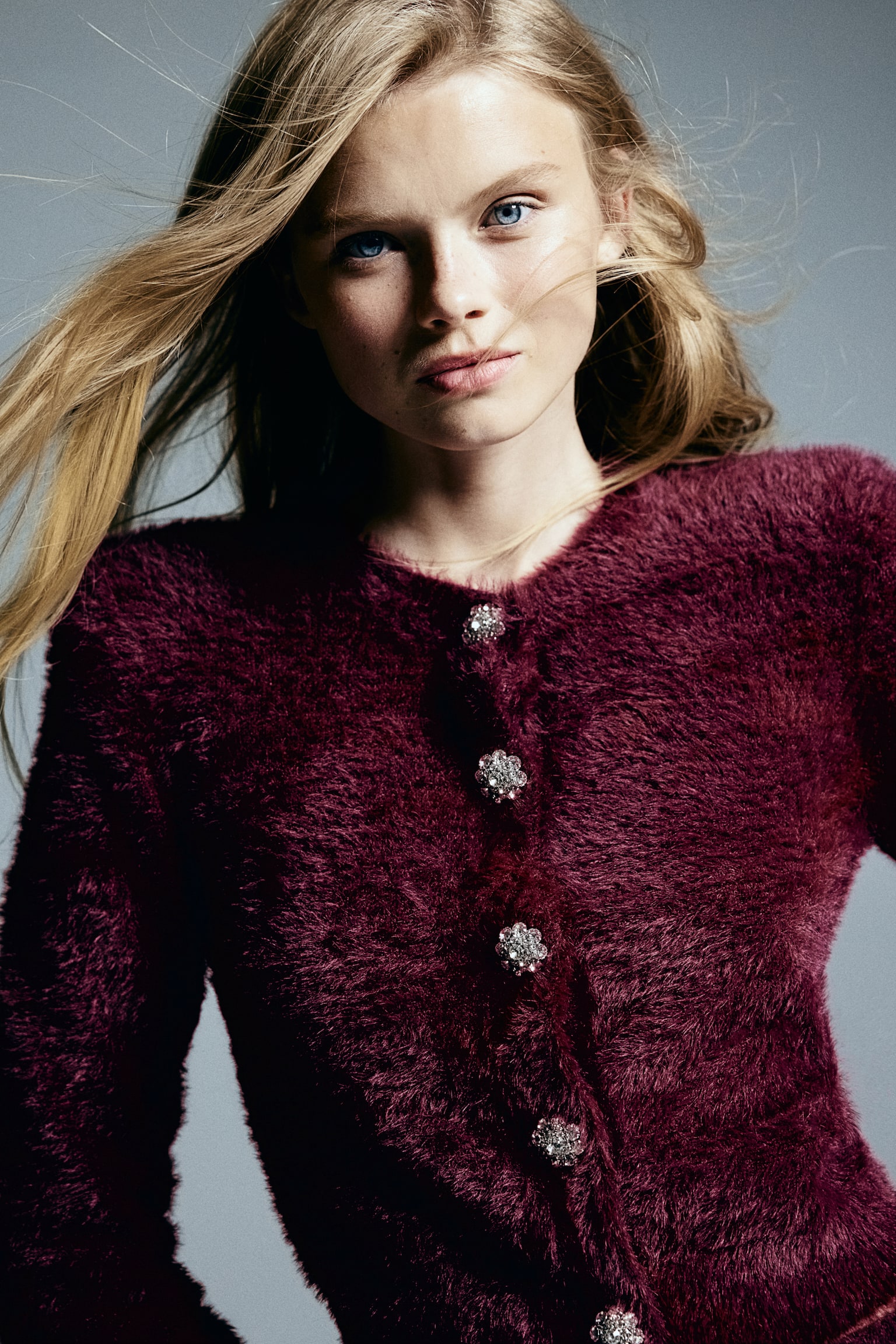 Bijoux-button fluffy-knit cardigan - Burgundy - 1