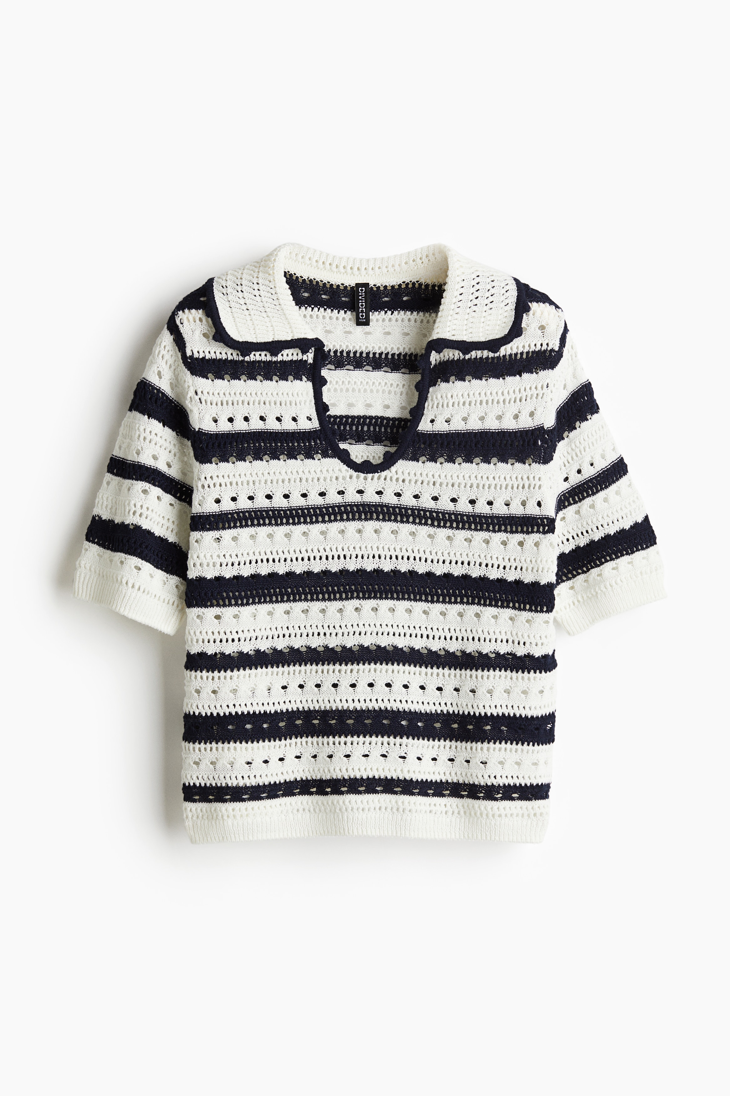 Collared hole-knit top - White/Navy blue striped/White/White/Blue striped