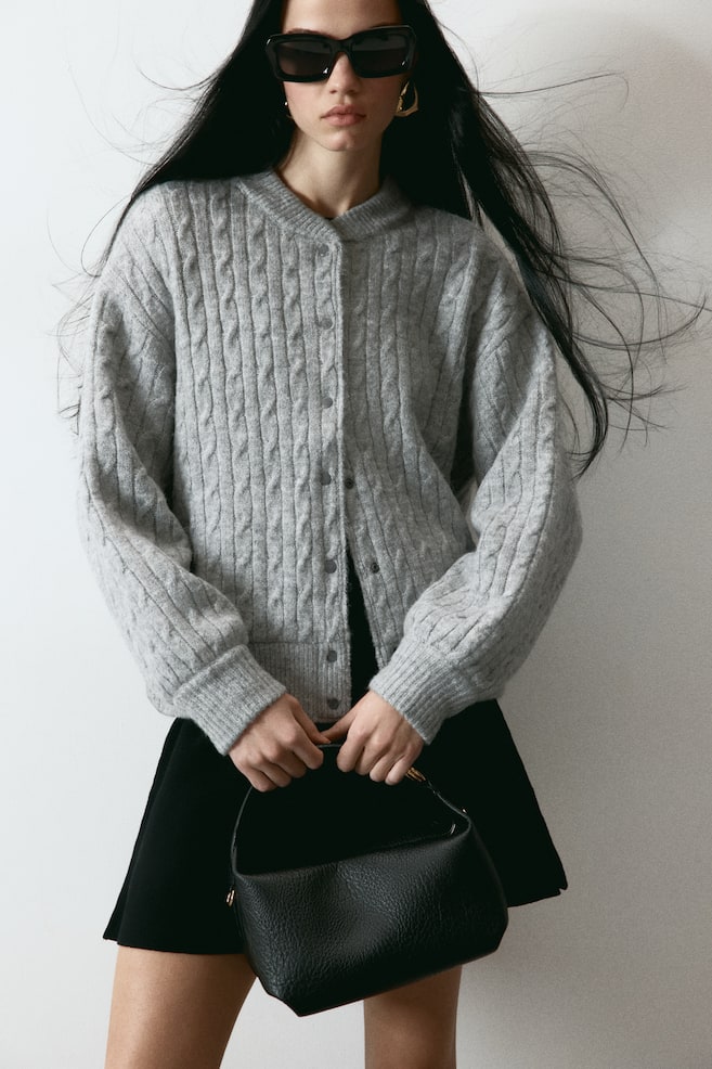 Cable-knit bomber jacket - Light grey marl/Navy blue - 2