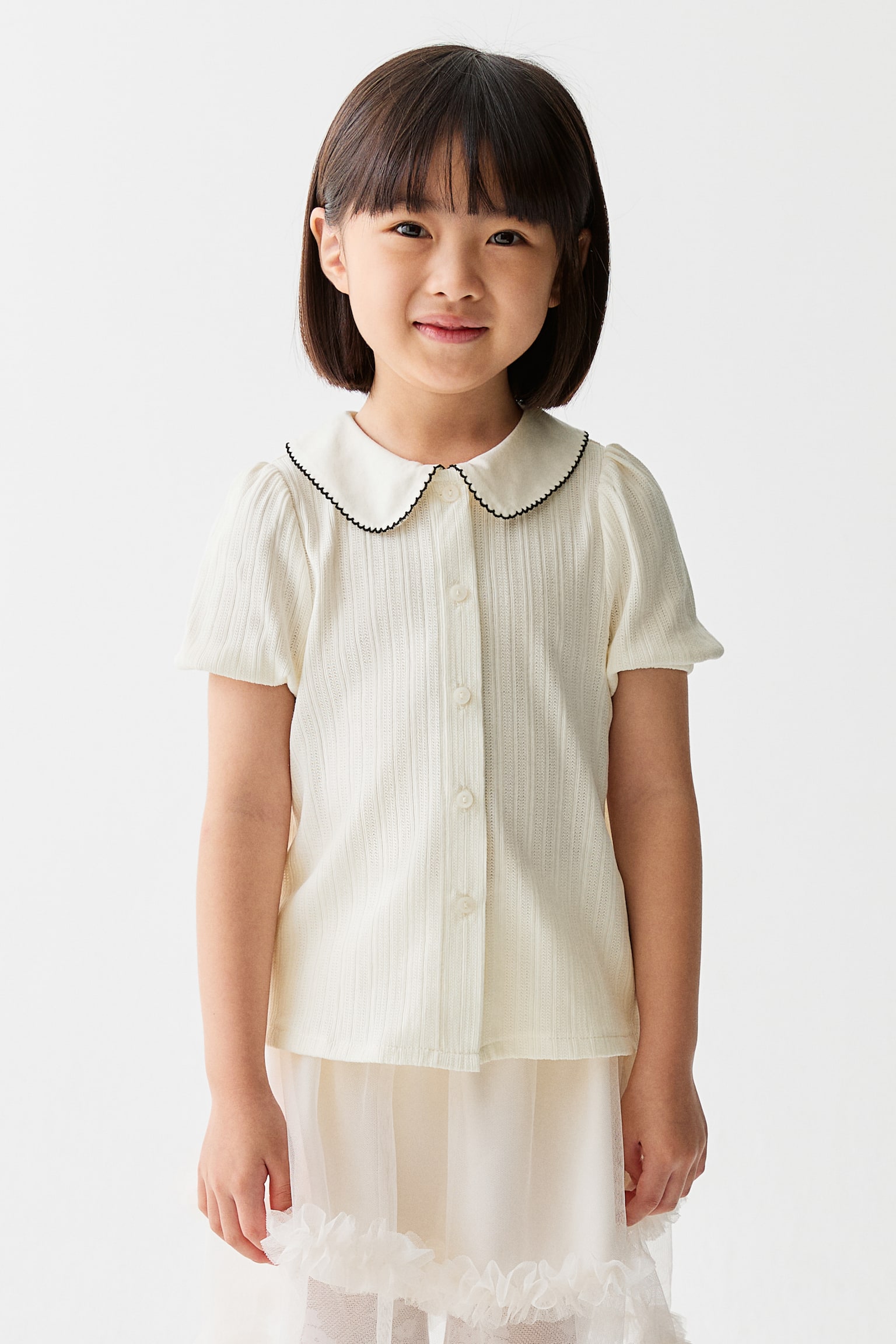 Short-sleeved pointelle blouse - 白色/淺紫色 - 4