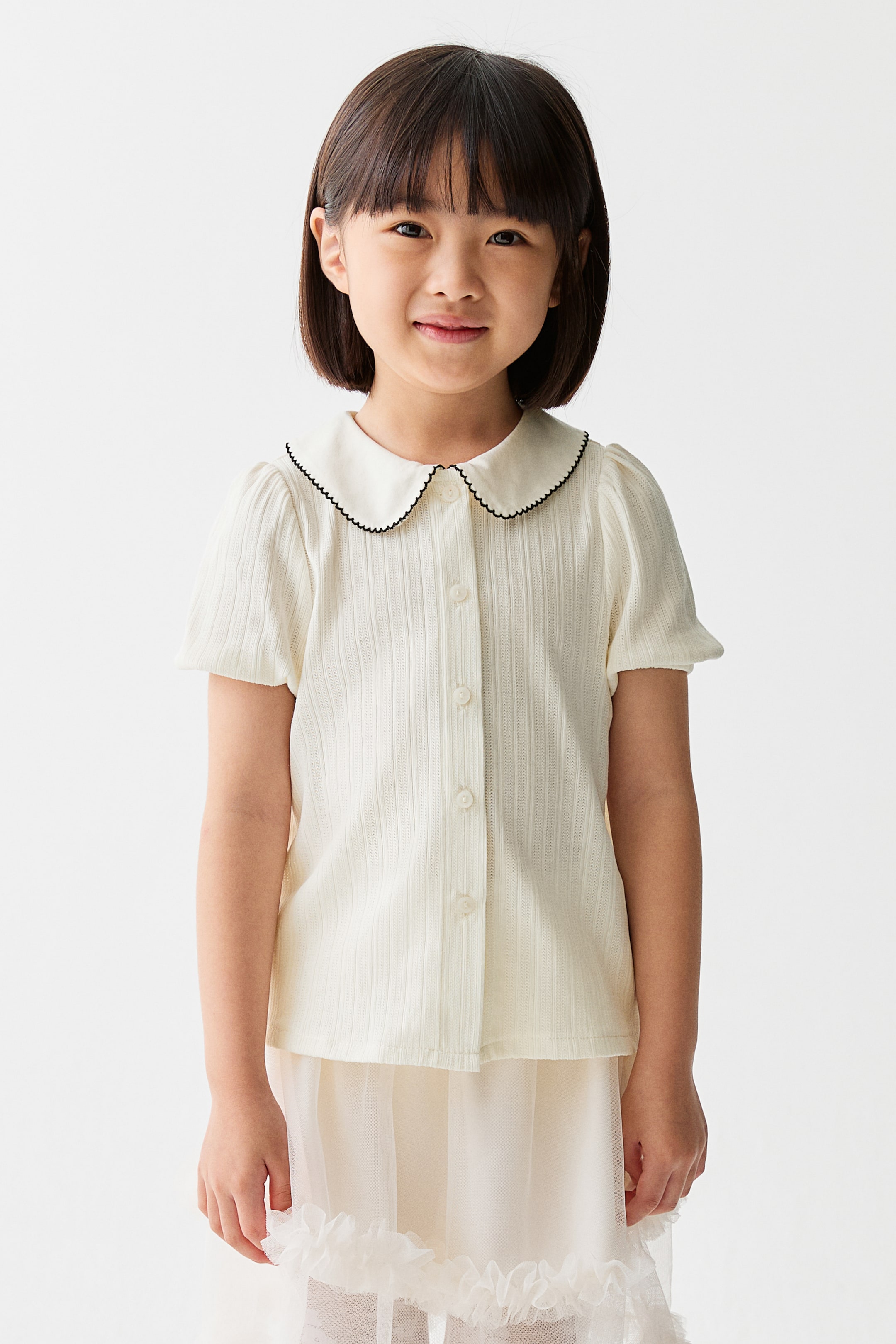 Xem ảnh lớn hơn: Short-sleeved pointelle blouse - Màu trắng - Kids | H&M VN 2