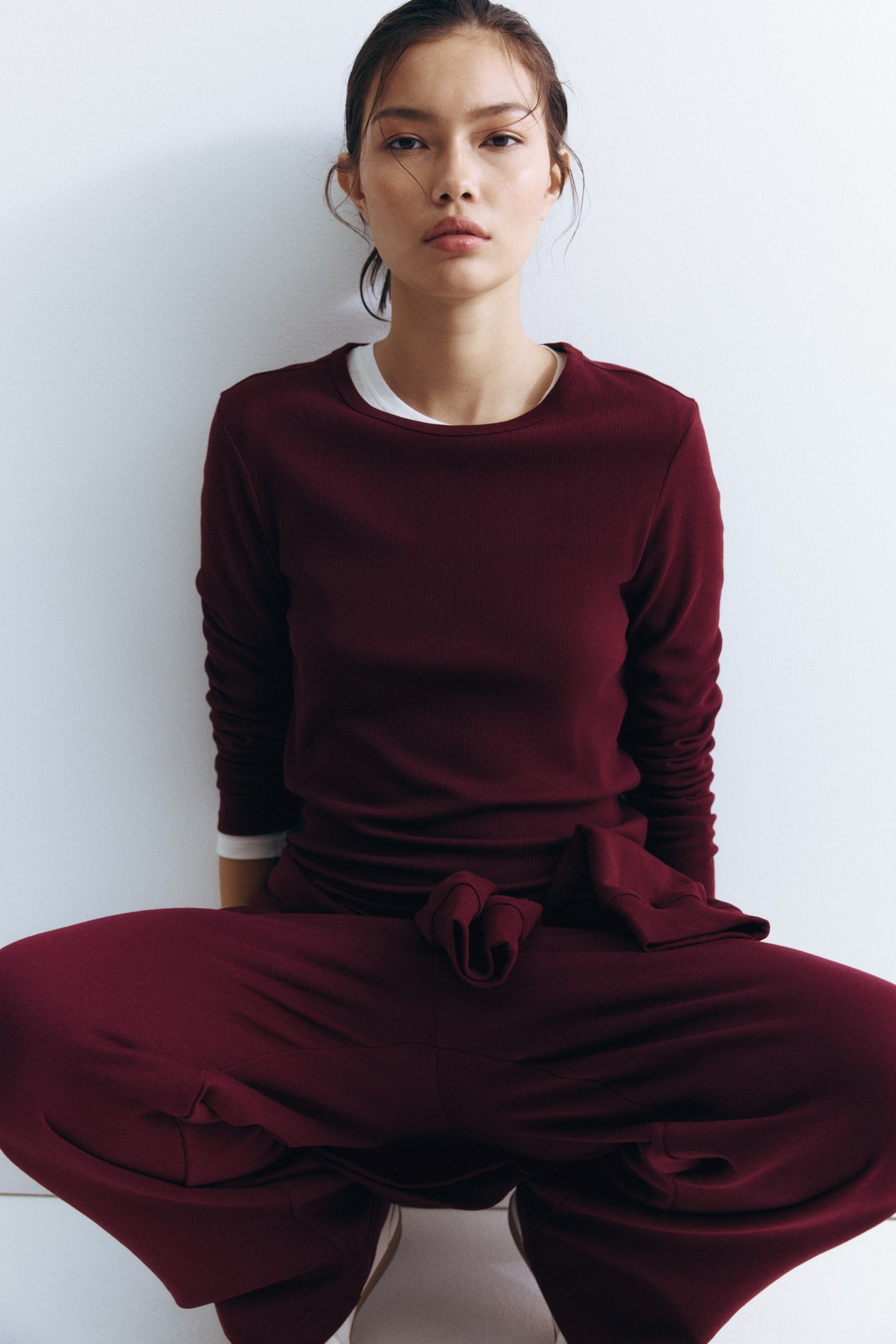 Áo cotton gân nổi - Màu đỏ rượu/Màu trắng/Màu đen/Màu nâu nhạt - 5