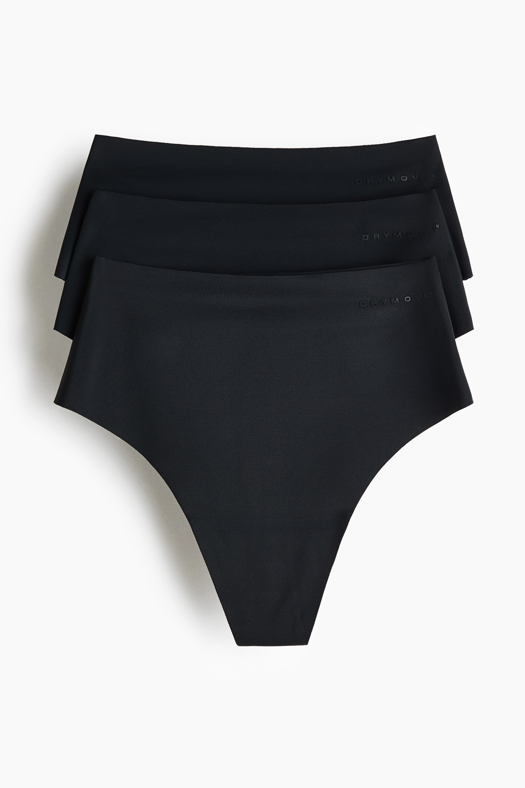 View larger image: Three black seamless underwear pieces are shown in a front view, neatly stacked. Each piece features a subtle "DRYMOVE" branding on its waistband and showcases a high-cut design.