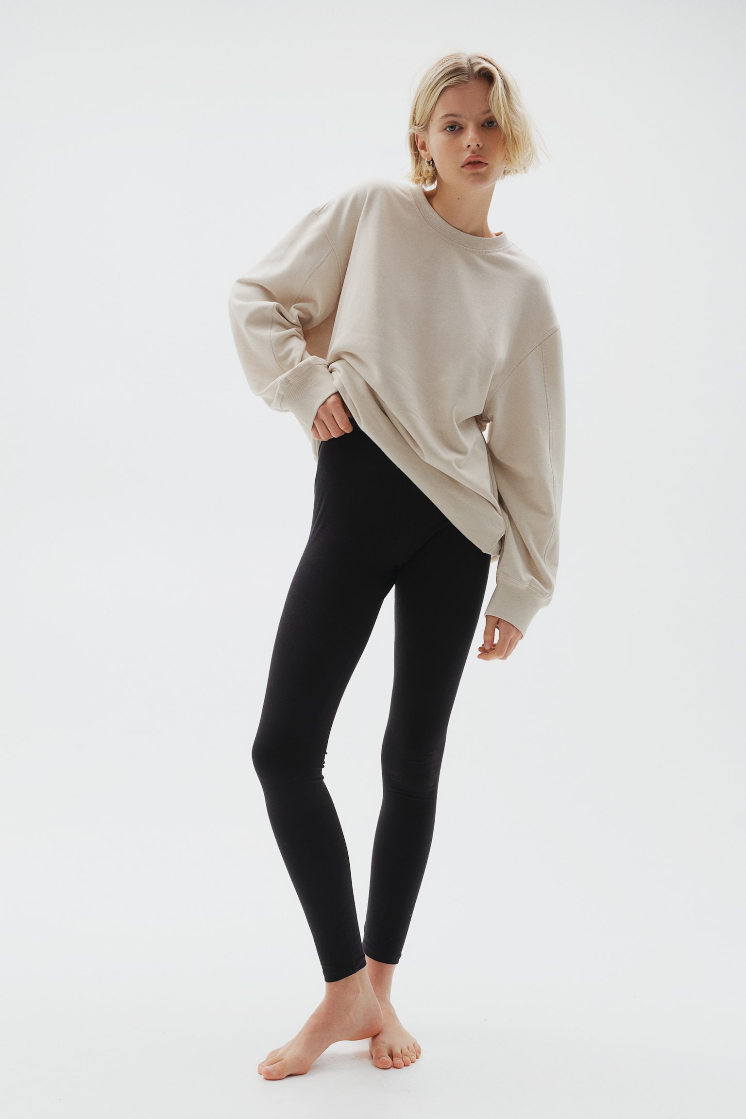 Cotton jersey leggings - Black/Light grey - 1