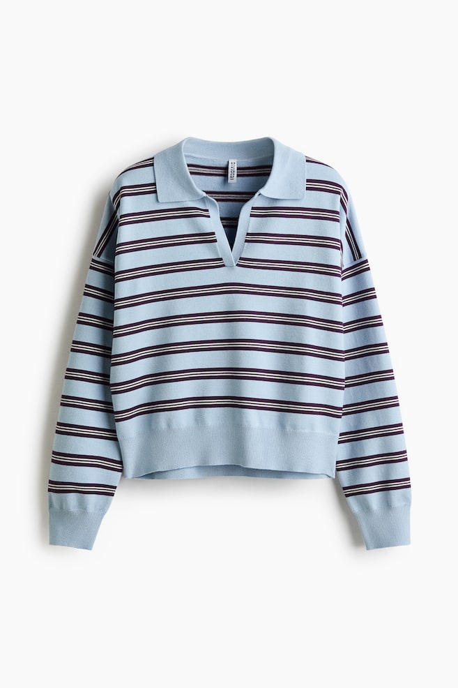 Fine-Knit Polo Shirt - Light blue/striped/Light gray melange/striped/Dark turquoise/cream striped - 1