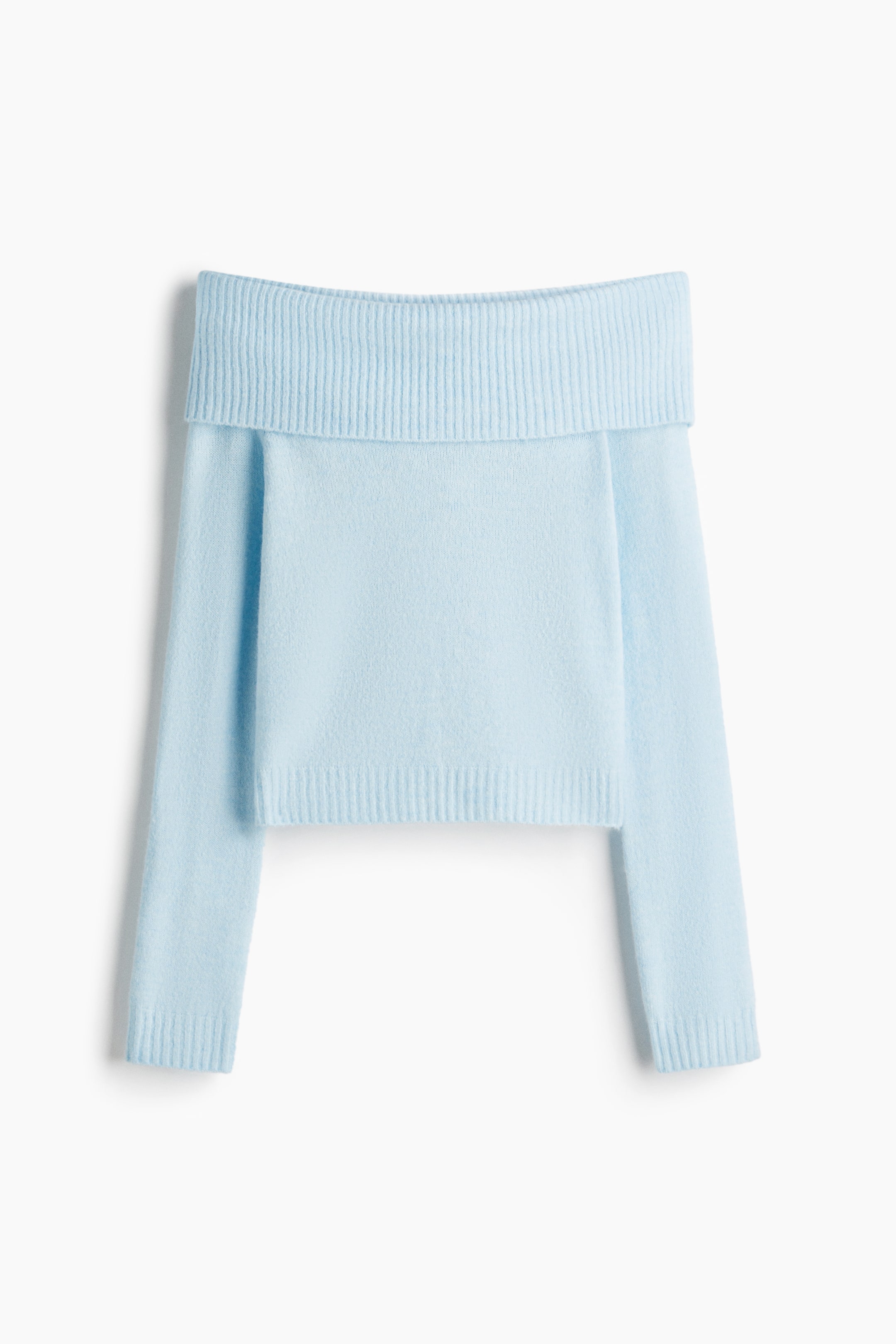 View larger image: A light blue short, fitted jumper is displaying from the FRONT. It features a soft knit construction with a wide, ribbed foldover at the top, long sleeves, and ribbing at the cuffs and hem.