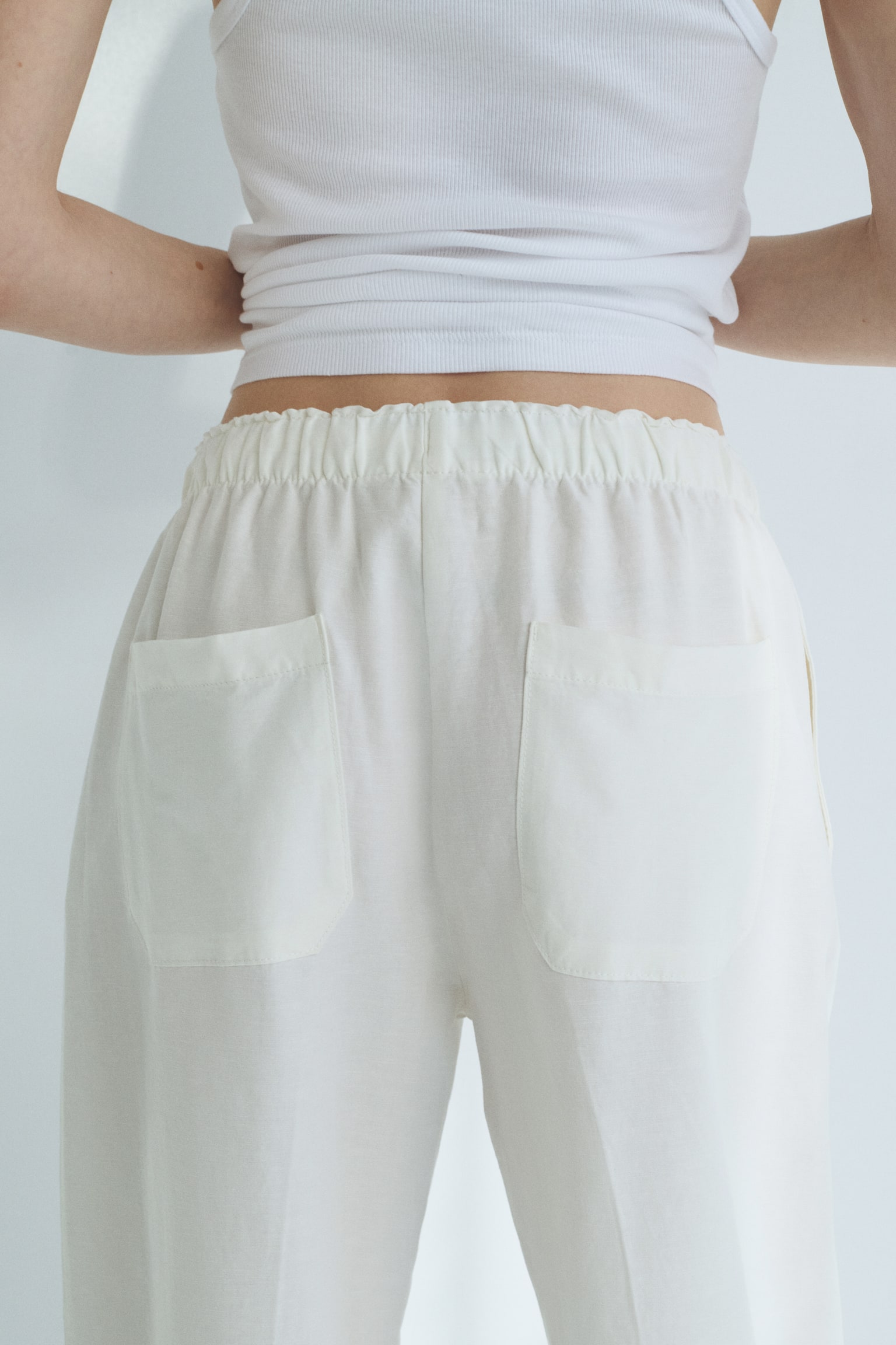 Linen-blend drawstring trousers-White - 6