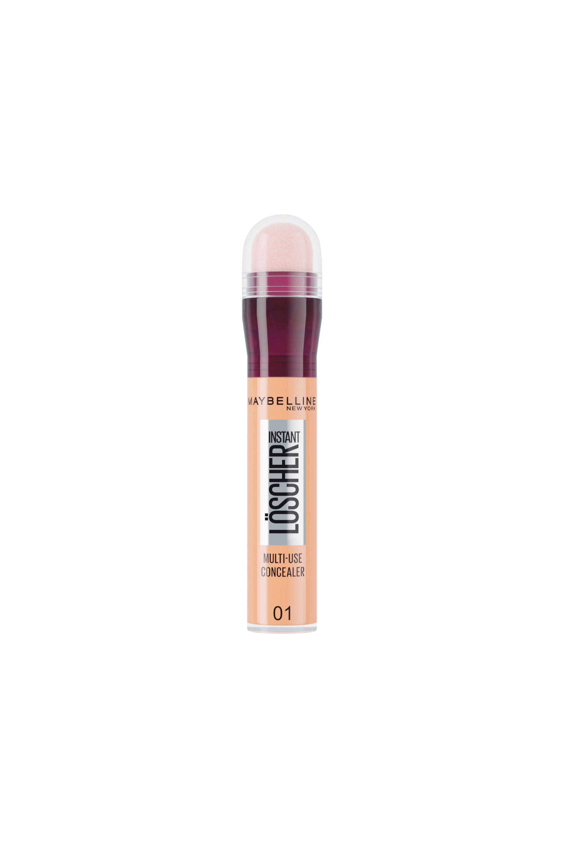 Größeres Bild ansehen: Ein Tuben-Container des Maybelline Instant Löscher Multi-Use Concealer steht vertikal in frontaler Ansicht und zeigt eine klare, abgerundete Kappe über einem kuppelförmigen Schwammapplikator, einen tief burgunderfarbenen Drehkragen und einen transparenten zylindrischen Körper, der mit hellbeigem flüssigem Concealer gefüllt ist.