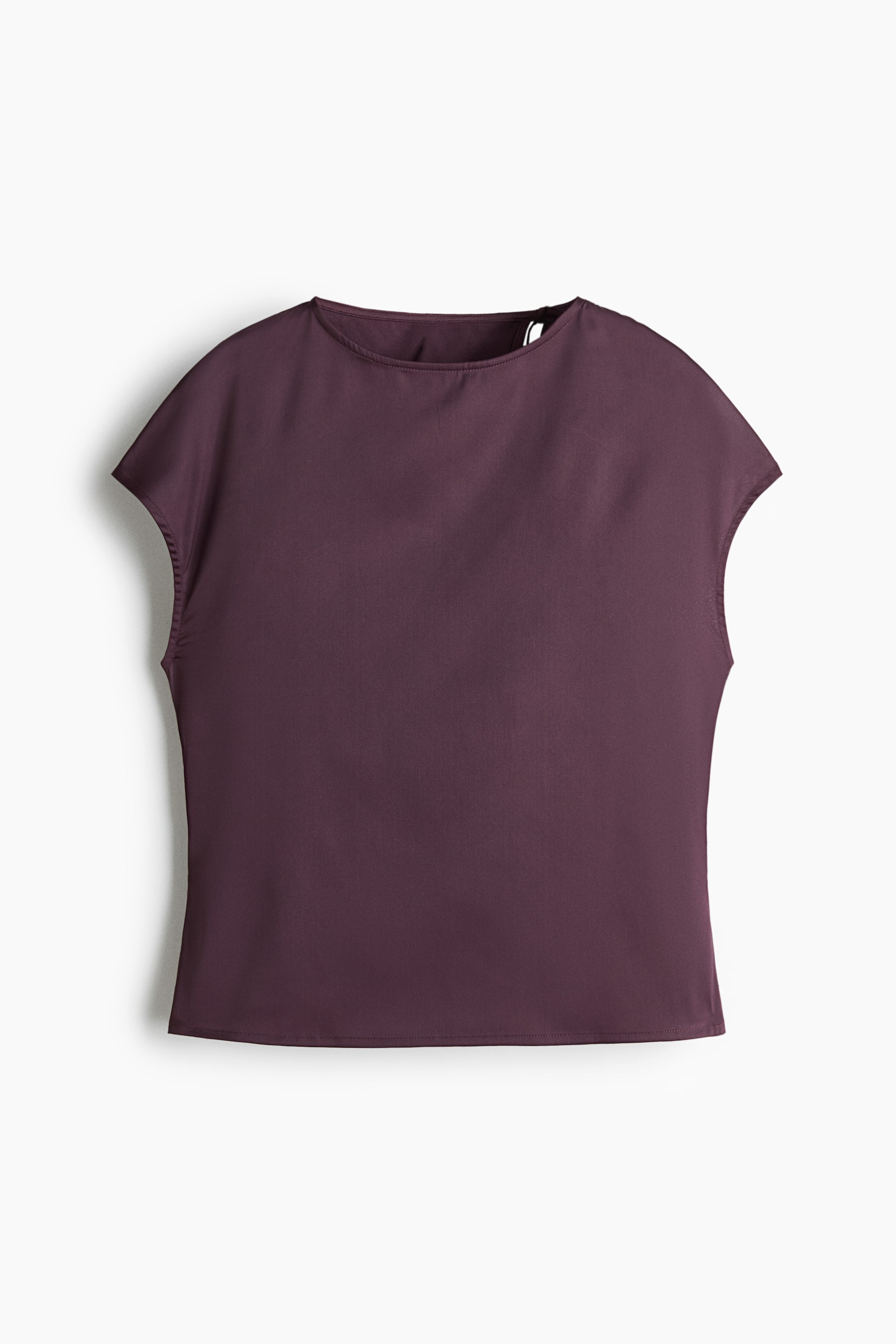 View larger image: The plum-coloured top showcases a boat neckline and short, wide sleeves. It flaunts a smooth fabric texture and a straight hem at the front.