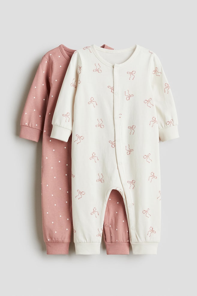 2-pack cotton sleepsuits - Pink/Bows/White/Mice/White/Patterned/Light beige/Teddy bear/Light pink/Bunnies/Light blue/Dinosaurs/Light beige/Elephants/Pink/Floral/Light purple/Hearts - 1