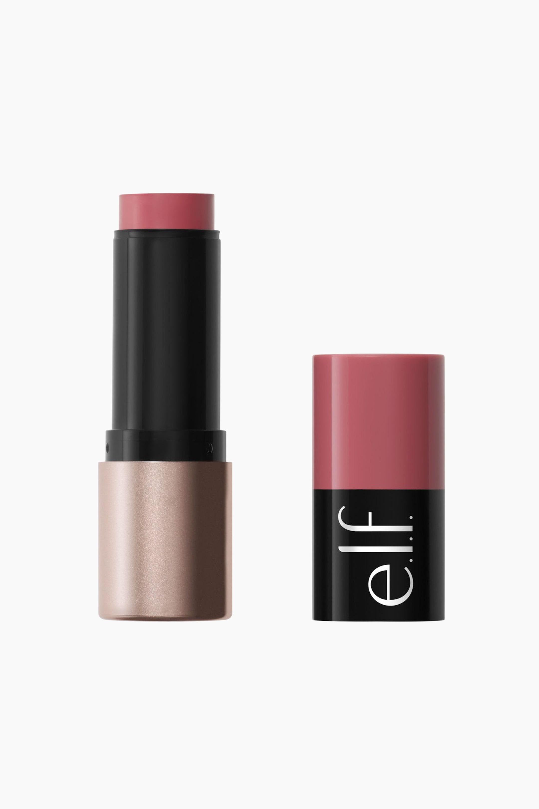 Visa större bild: En sminksticka och dess lock står upprätt. Stickan har en utsträckt rosa produkt från en svart kropp med en roséguldbas, medan det svarta locket visar en rosa toppsektion och den vita "e.l.f."-logotypen tryckt vertikalt.