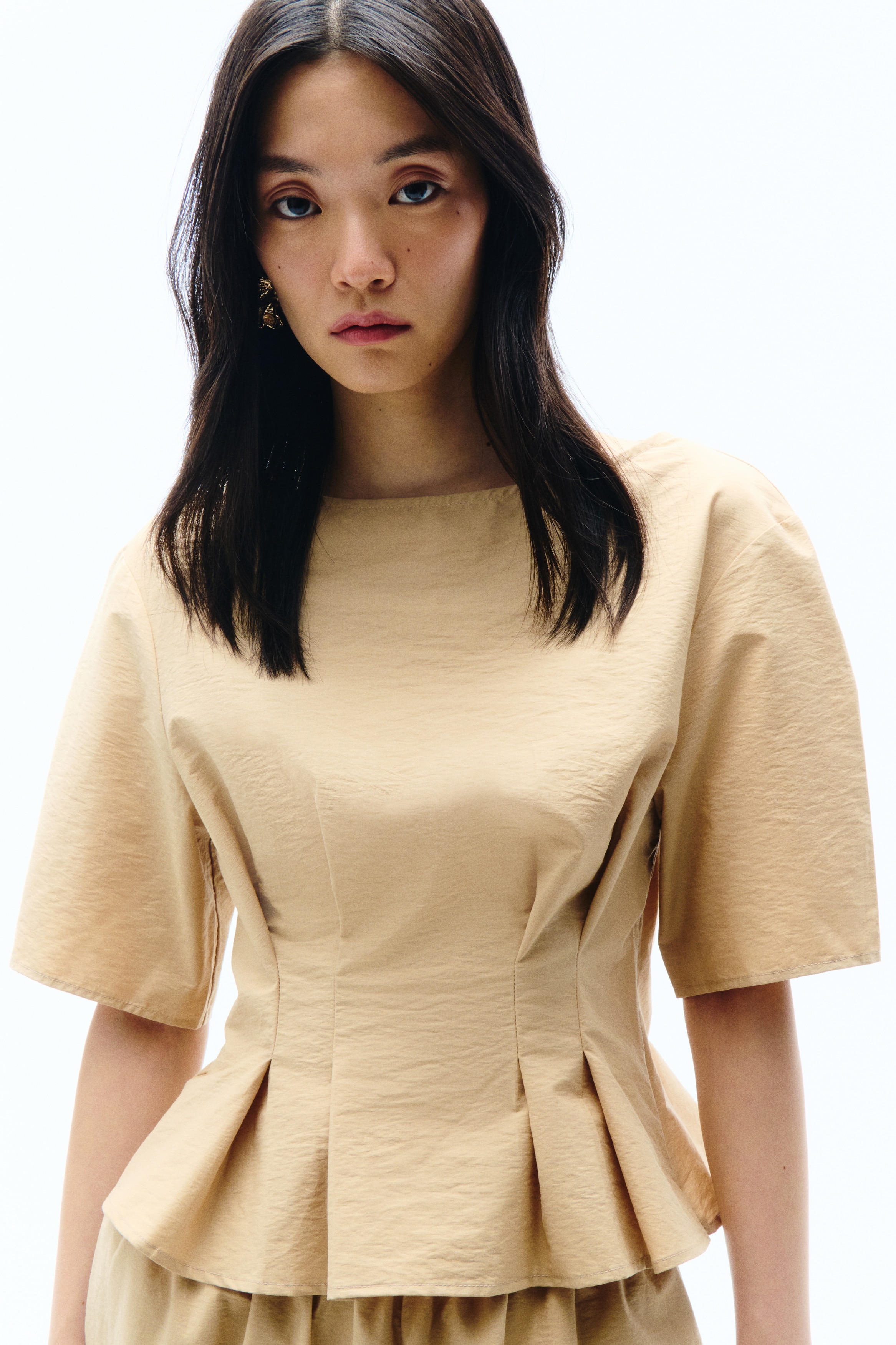Waisted boat-neck top - Beige/Red