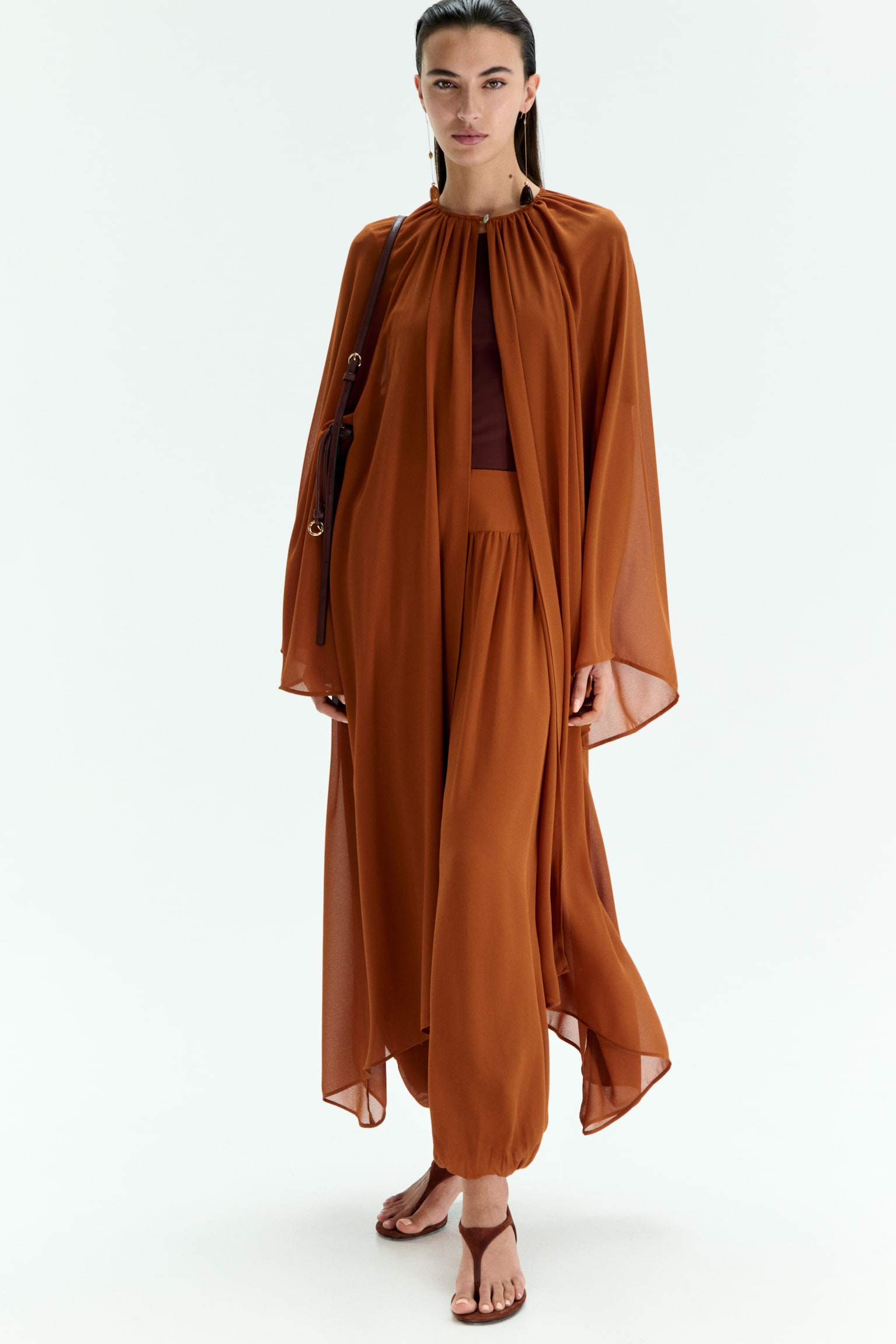 Caftan froncé en mousseline - Marron - 1