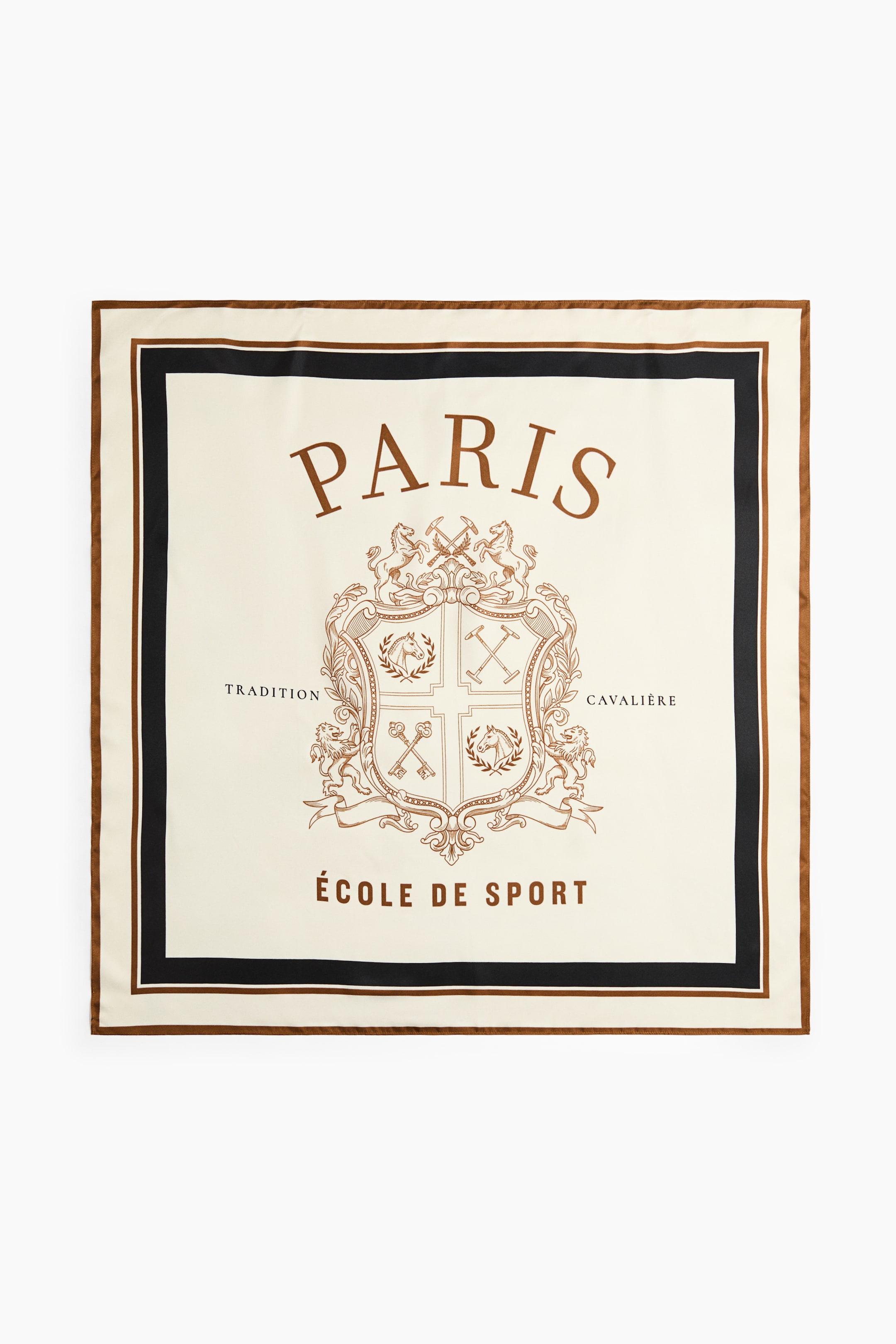 View larger image: A square scarf in a soft weave is shown from the front, featuring an off-white center with a brown printed heraldic crest, the arched text "PARIS" above, and "ÉCOLE DE SPORT" below. The design is framed by a thick black inner border and a thin brown outer edge.