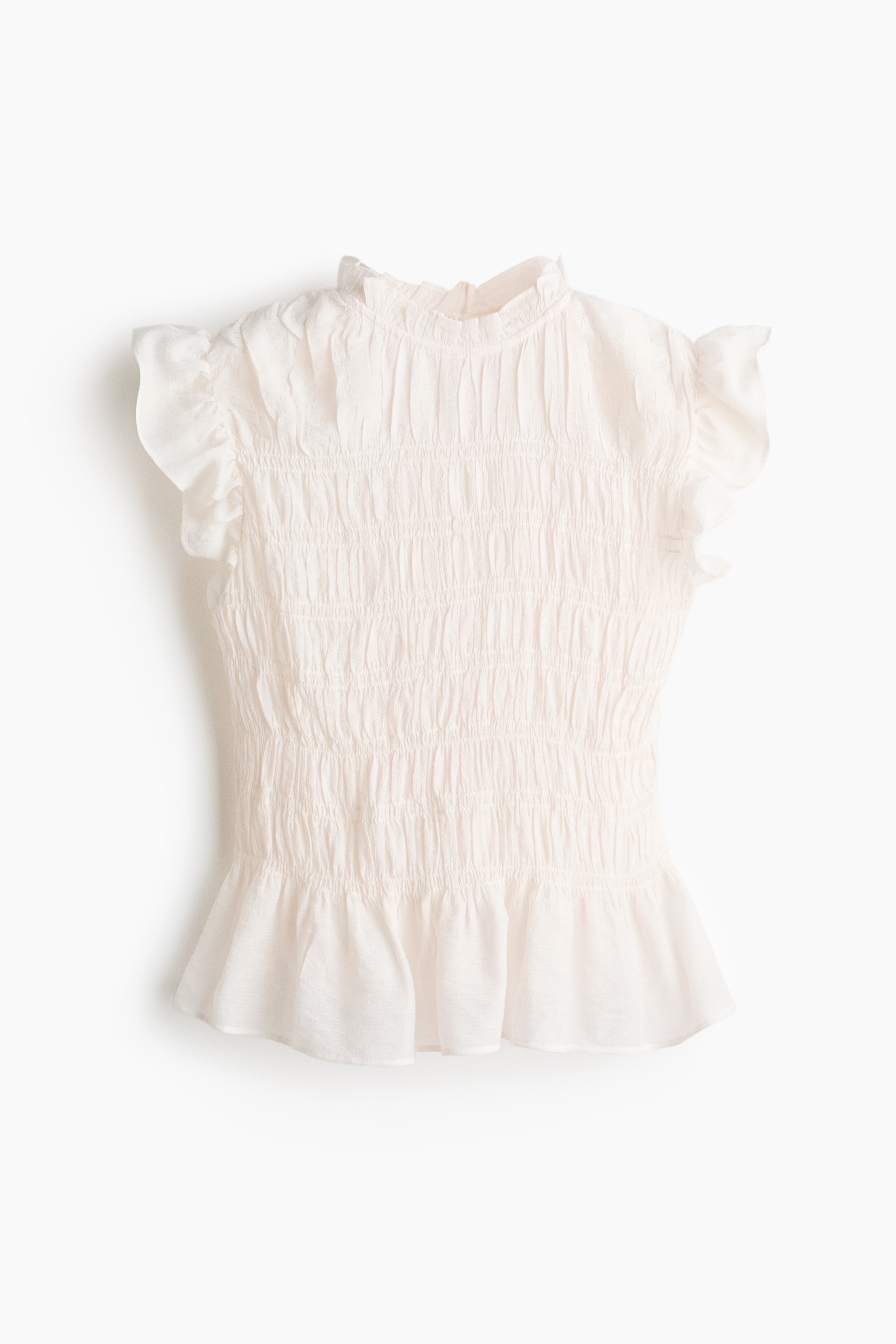 Peplumtop met smokwerk - Wit/Bruin/Dusty lichtturkoois