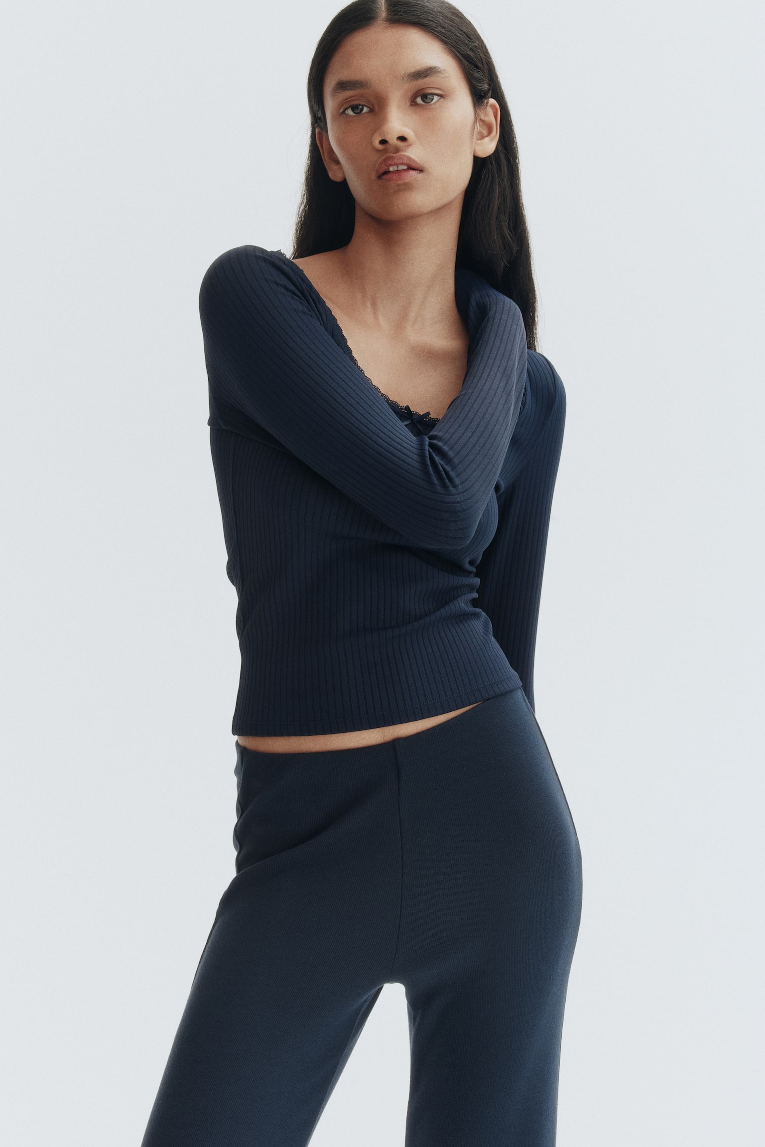 Flared fine-knit trousers - Bleu marine/Mole/Gris foncé chiné - 3