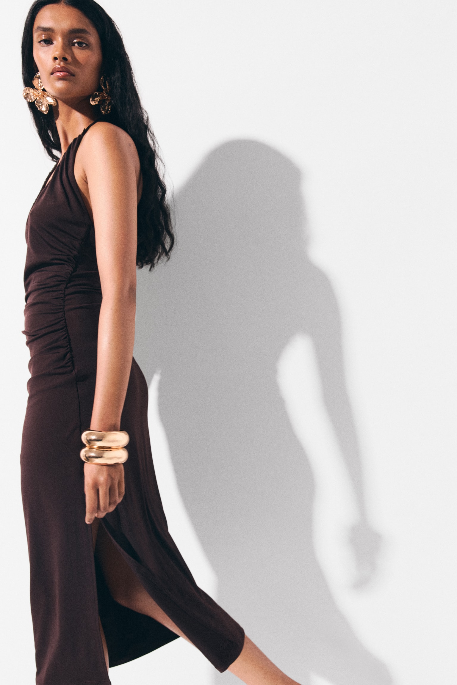 Draped Halterneck Dress - Dark brown/Yellow - 6