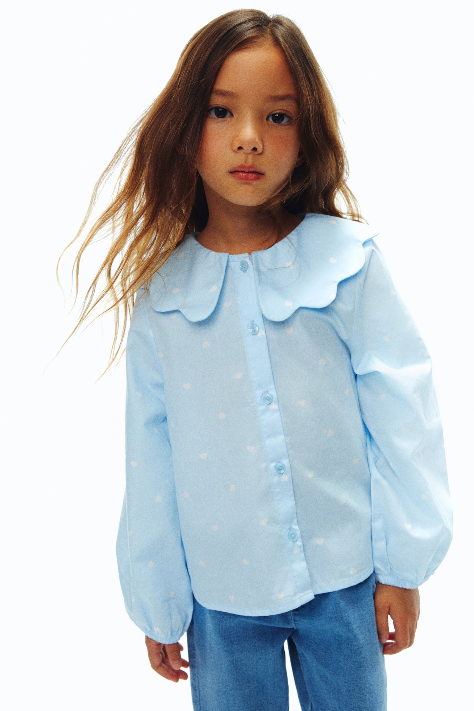 Collared cotton poplin blouse - Light blue/Hearts/White - 3