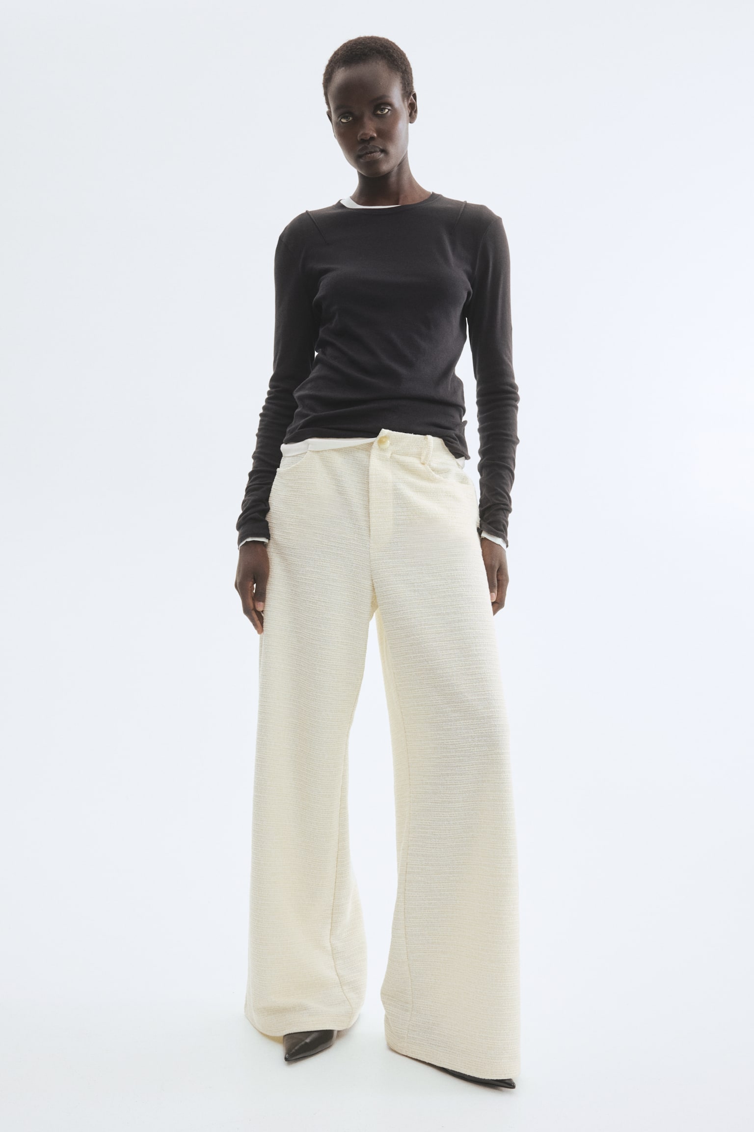 Wide bouclé trousers - Cream/Dark brown - 5