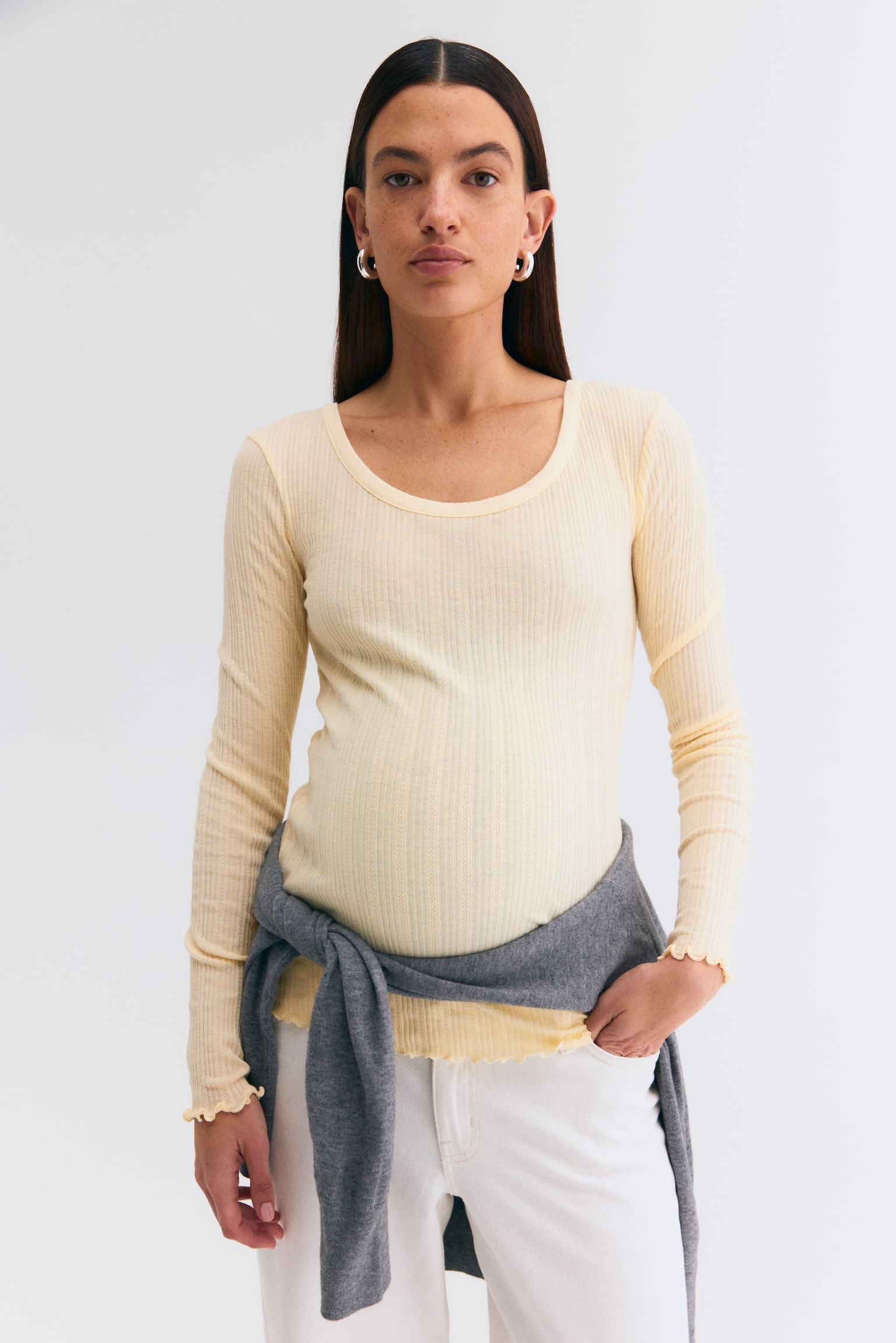 MAMA Pointelle-knit top - Light yellow/Dark brown - 1