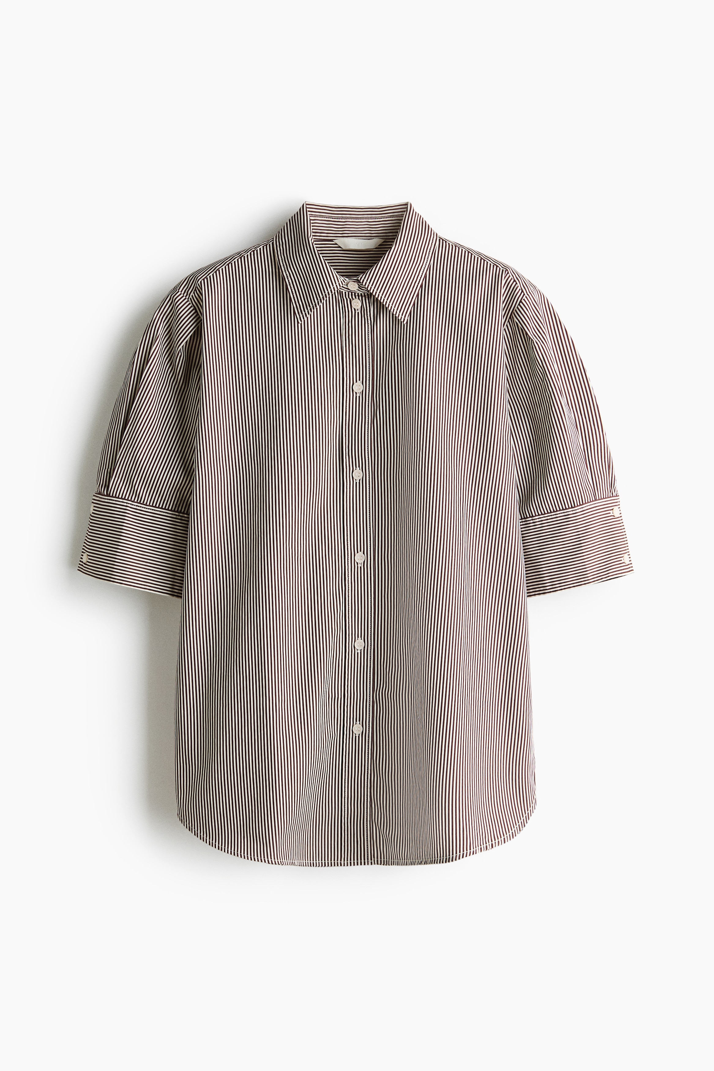 Short-sleeved cotton poplin shirt - Dark brown/Striped/Mustard yellow/White
