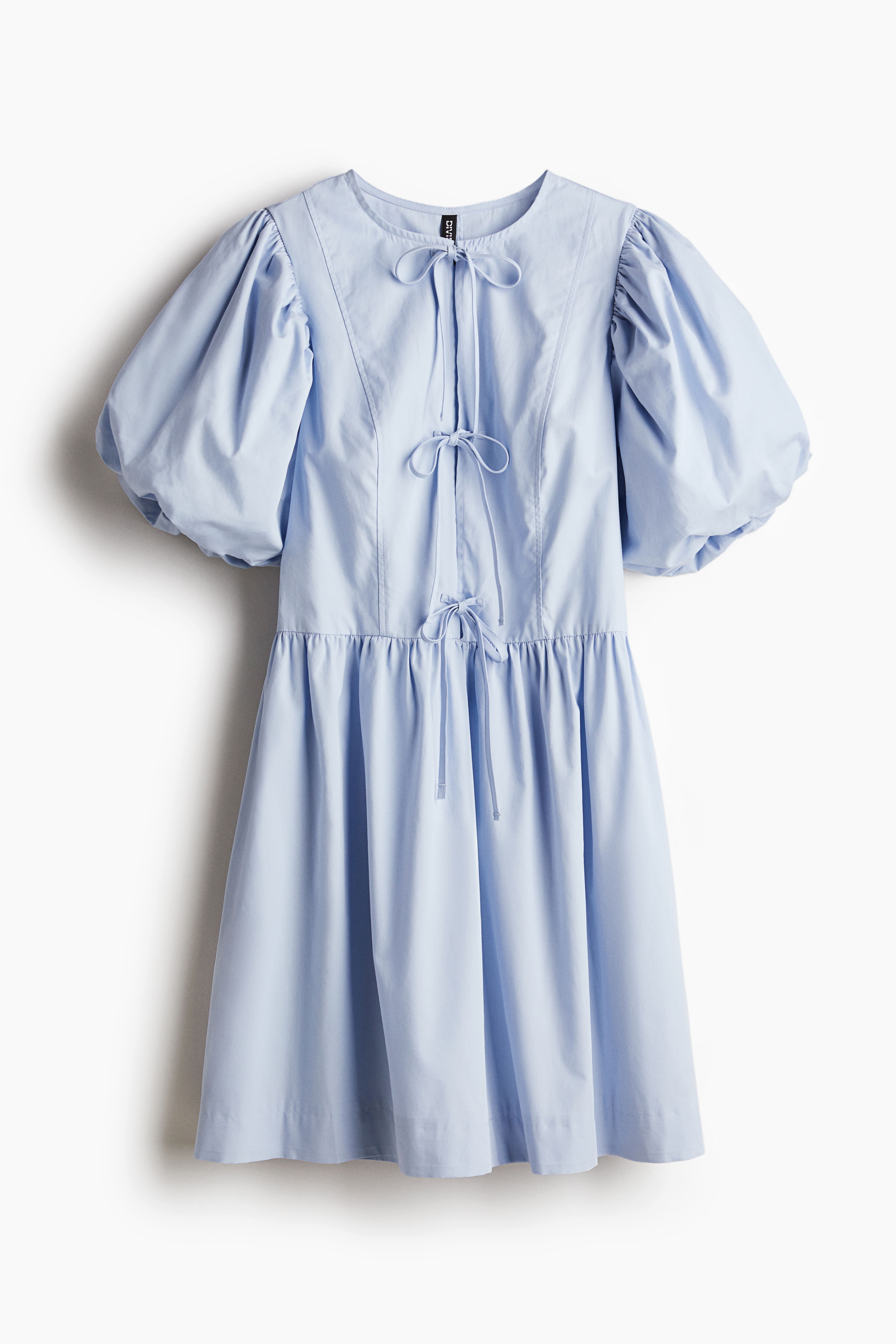 Tie-detail Puff-sleeved Dress - Round Neck - Short sleeve - Light blue -  Ladies | H&M US