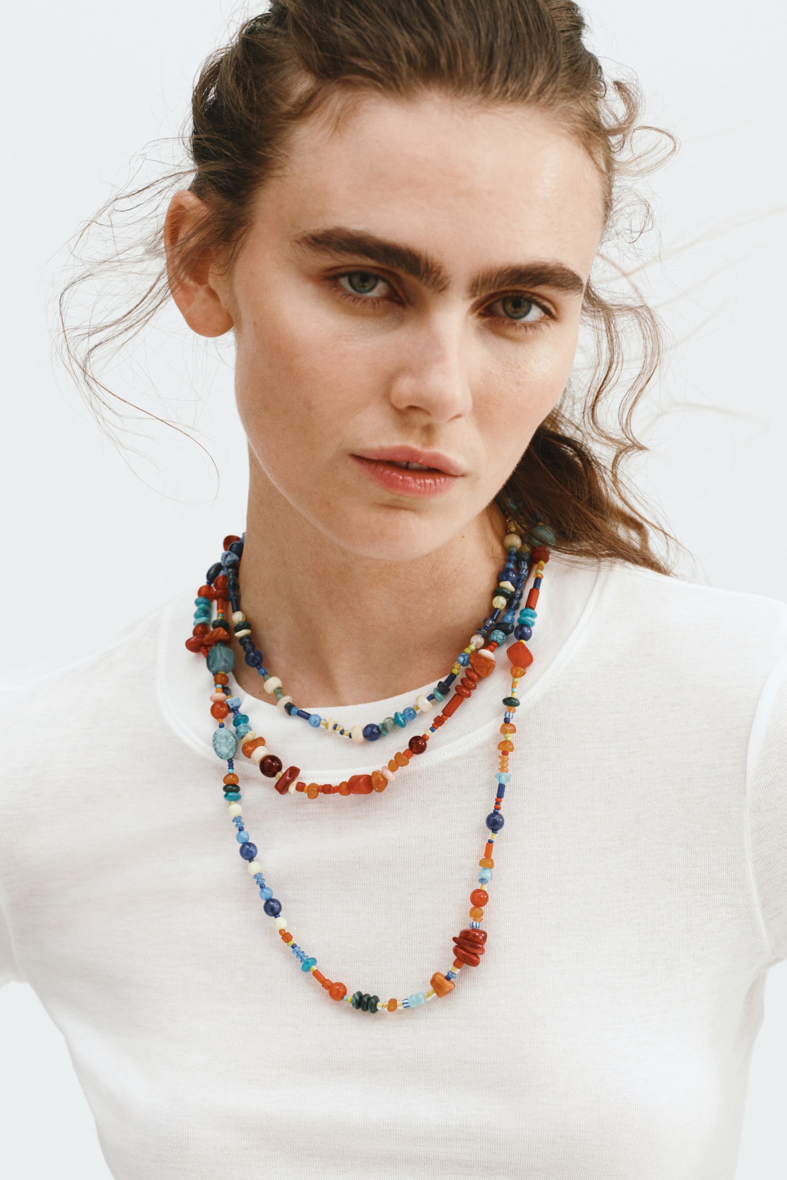 Three-strand beaded necklace - Turquoise/Red/Blue - 1