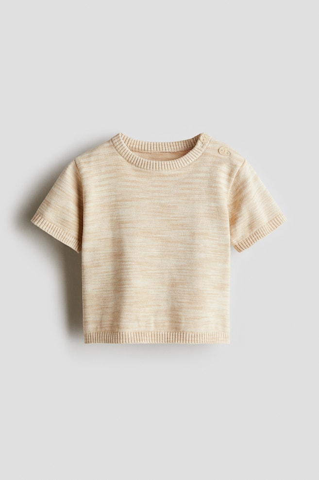 T-shirt in maglia di cotone - Beige chiaro/Blu mélange - 1