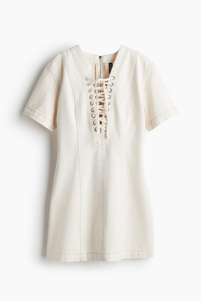 Lacing-detail denim dress - Cream/Red - 1