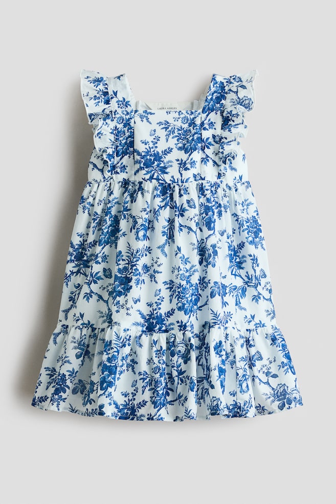 Frill-trimmed cotton dress - Blue/Floral - 1