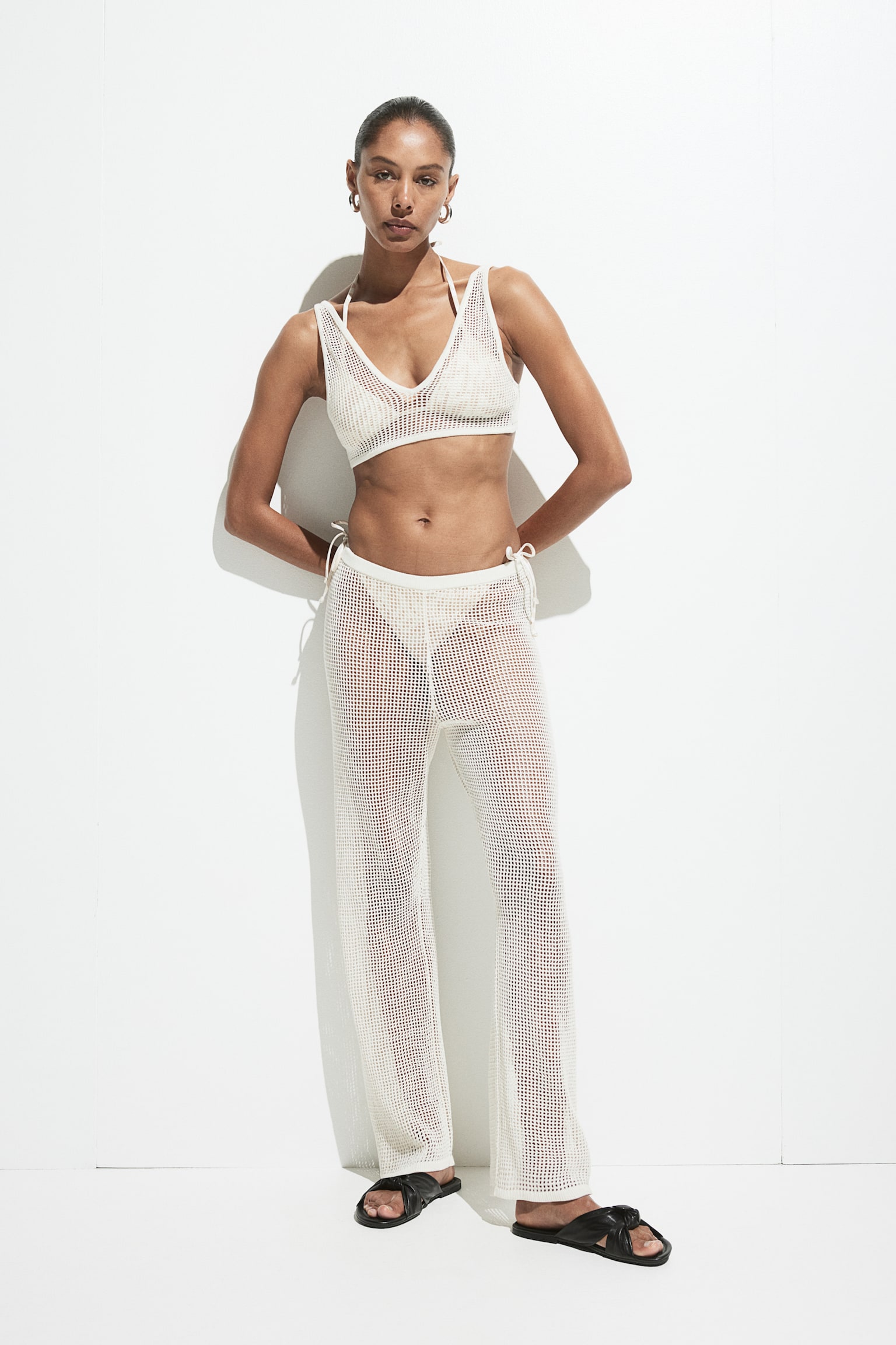 Hole Knit Beach Pants - Cream/Black - 1