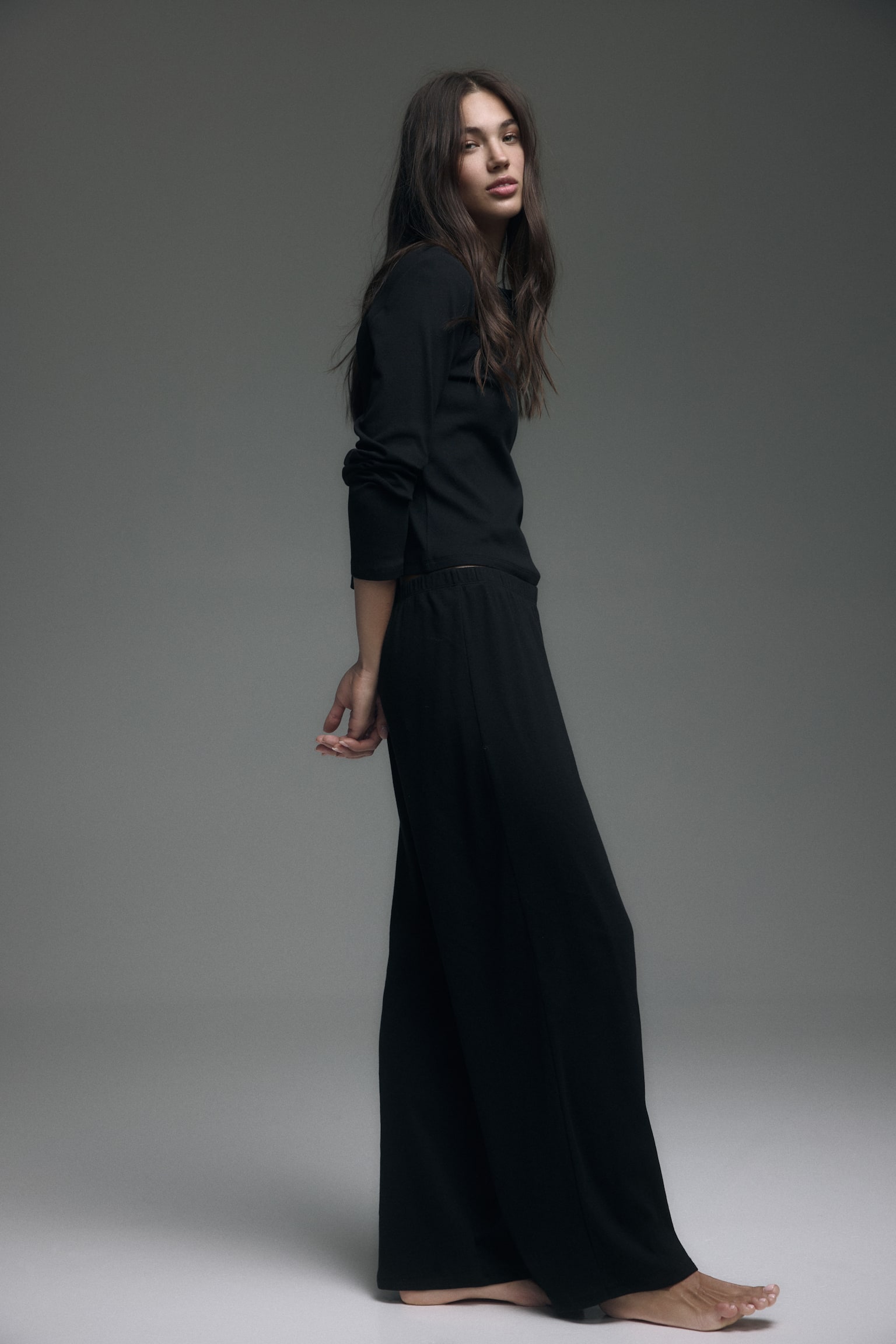 Pointelle-Knit Pajamas - Black/Light gray melange/floral - 2