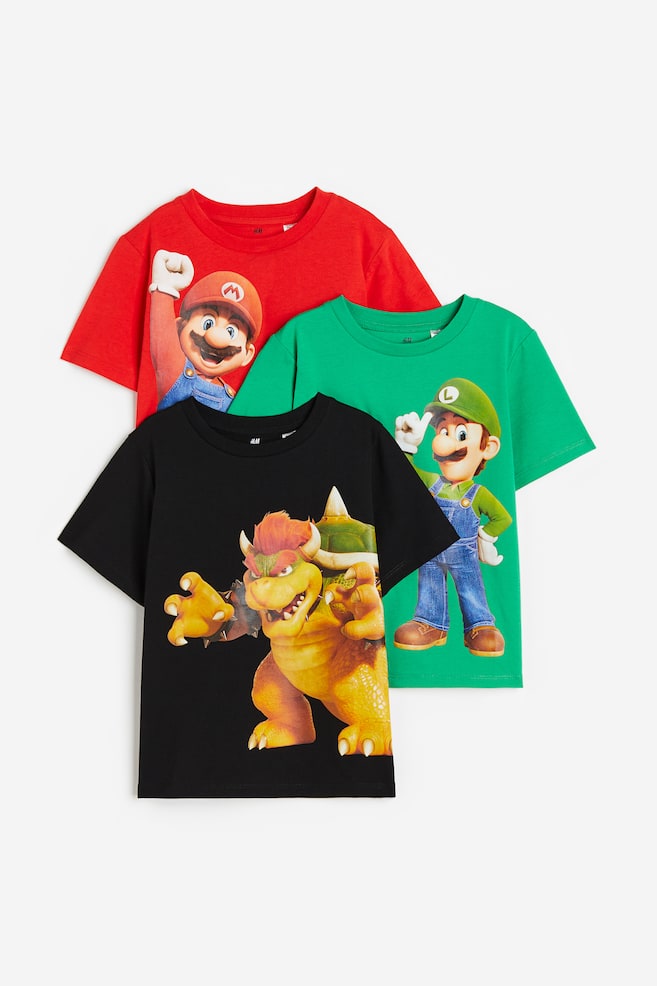 3-pak T-shirt med tryk - Rød/Super Mario/Blå/Marvel Comics/Grøn/Paw Patrol/Brun/Jurassic World/dc/dc/dc/dc - 1
