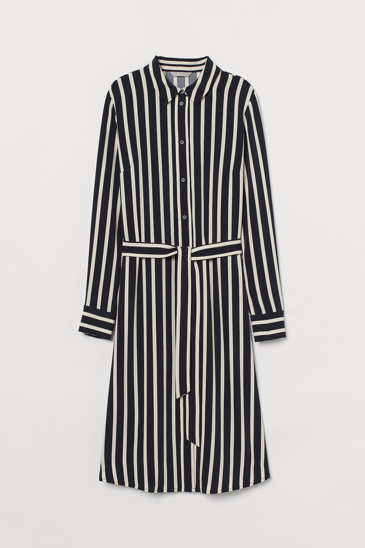 Tie Belt Shirt Dress - Long sleeve - Midi - Black/white striped ...