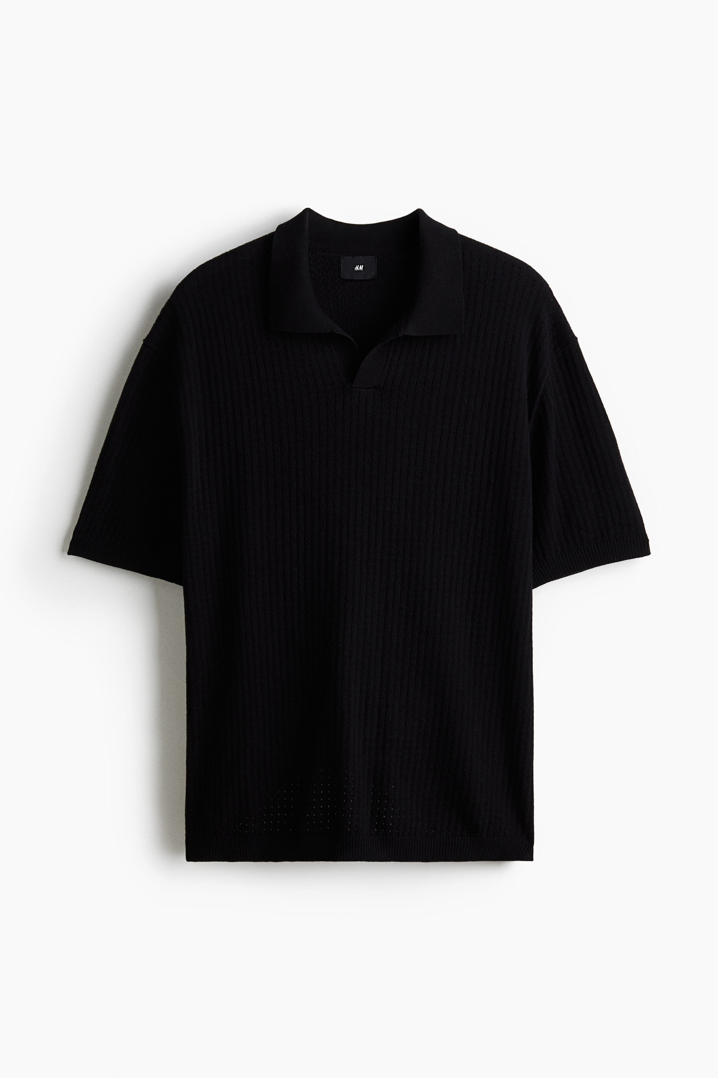 Loose Fit Textured-Knit Polo Shirt - Black