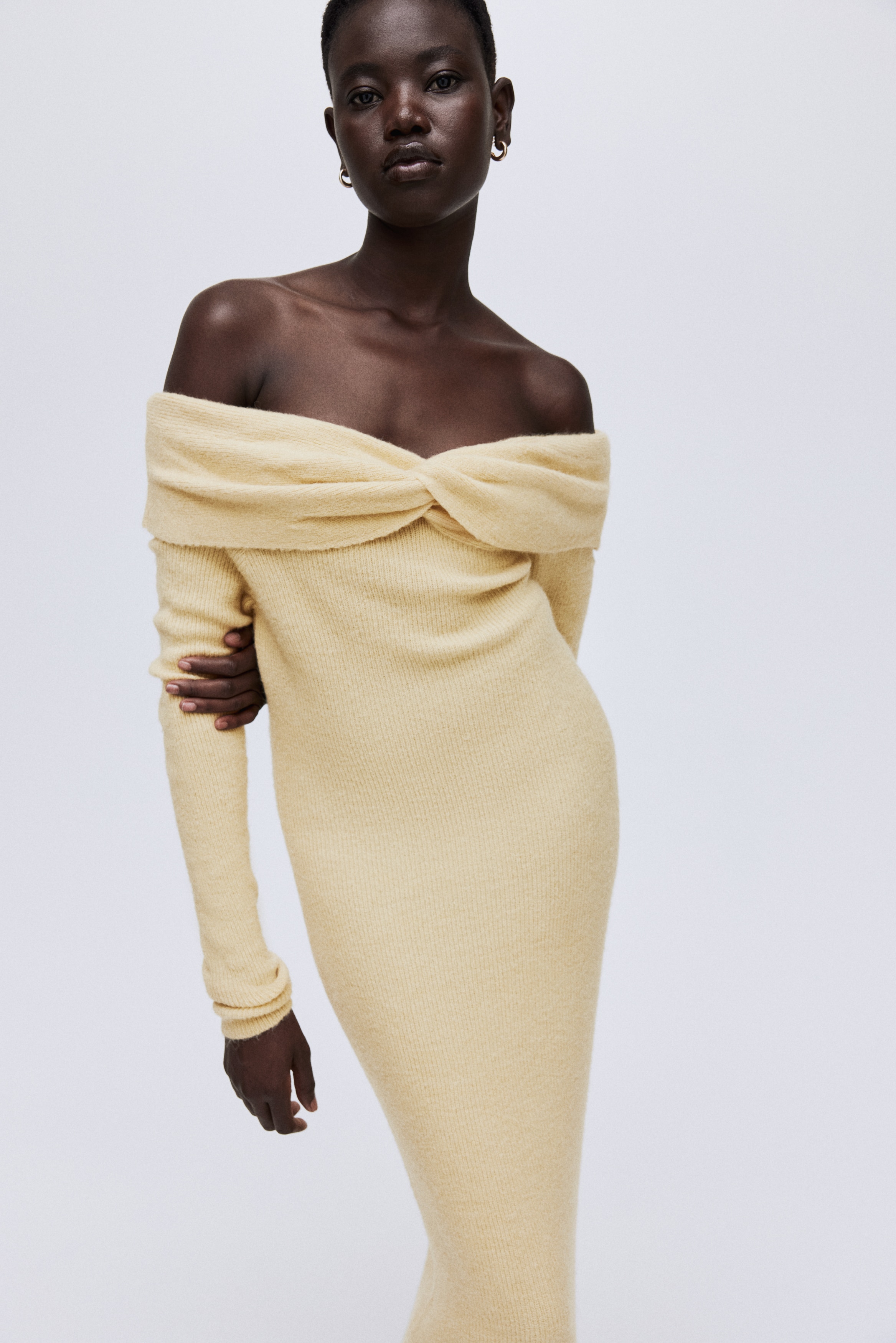 Fine-Knit Off-the-Shoulder Dress - Dusty yellow/Black/Gray melange