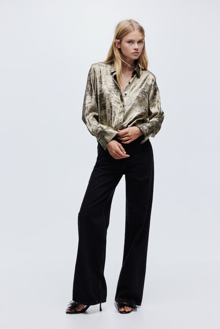 green emerald velvet dress Fifteen Twenty Women's Long Sleeve Button Up Shirt in Gold Dust 4F19046 main image 1
