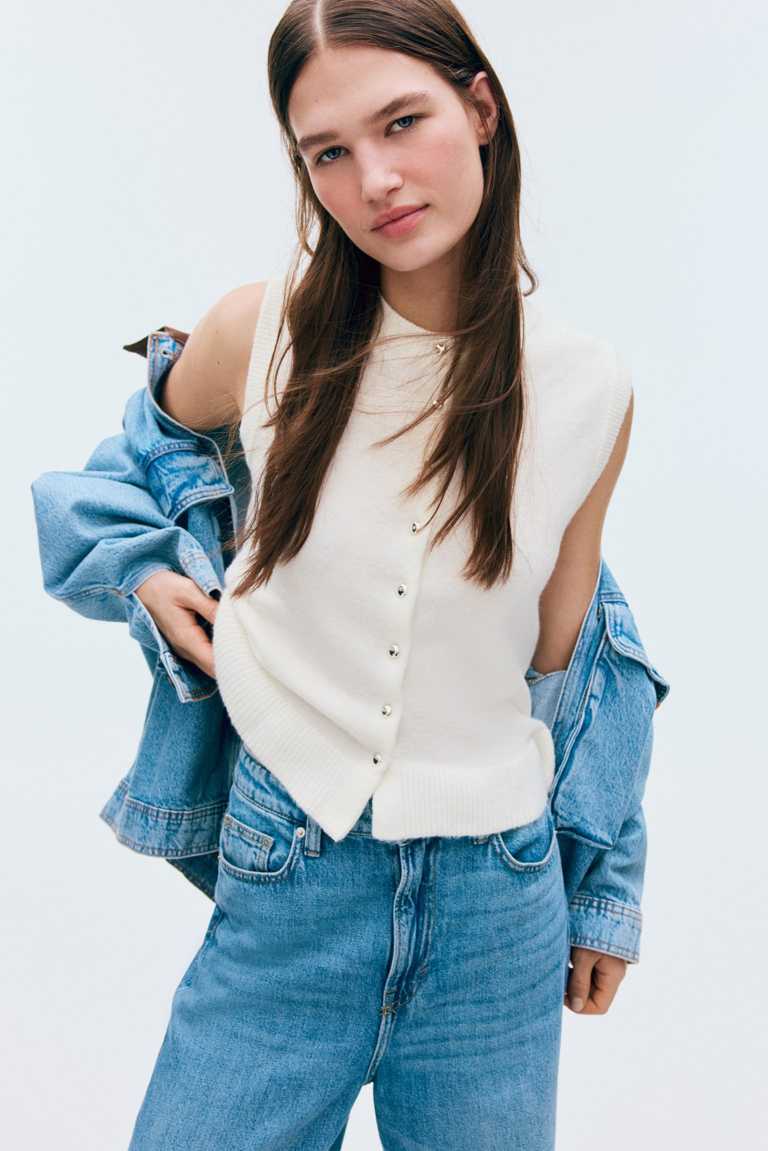 Knitted waistcoat - White/Light turquoise marl/Dark grey marl - 1